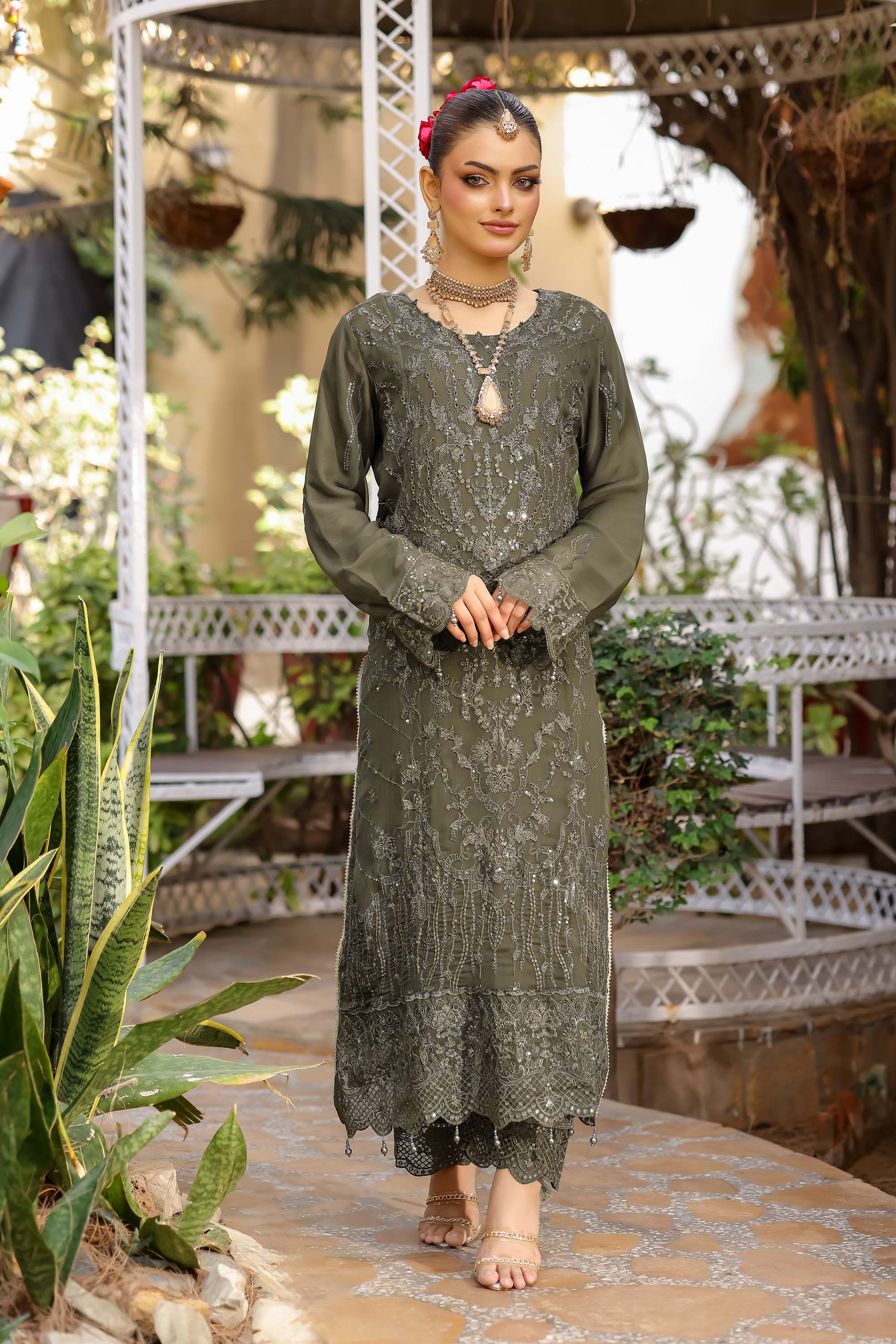 Azure Luxury Embroidered Suit – Olive Moss