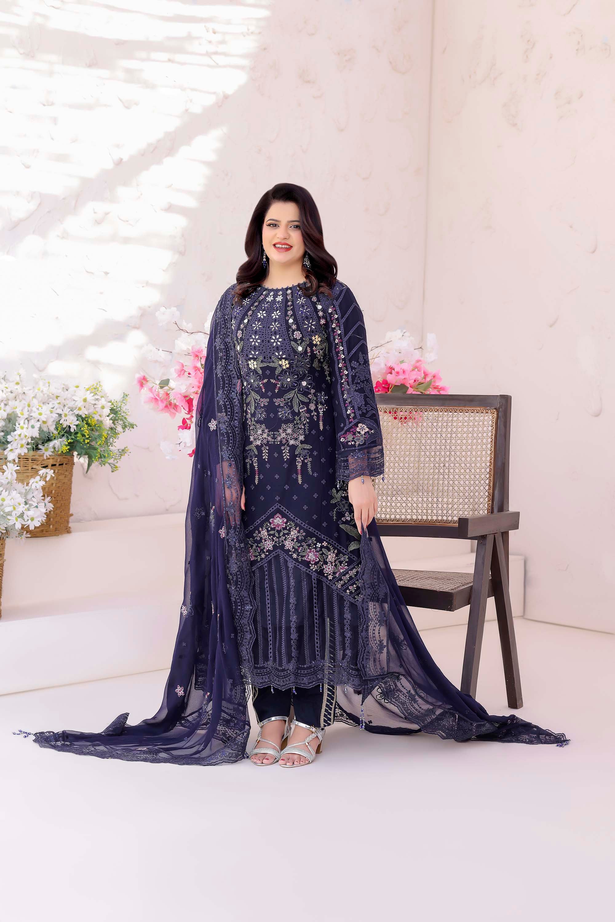 Fahriye Midnight Navy Embroidered Chiffon Suit