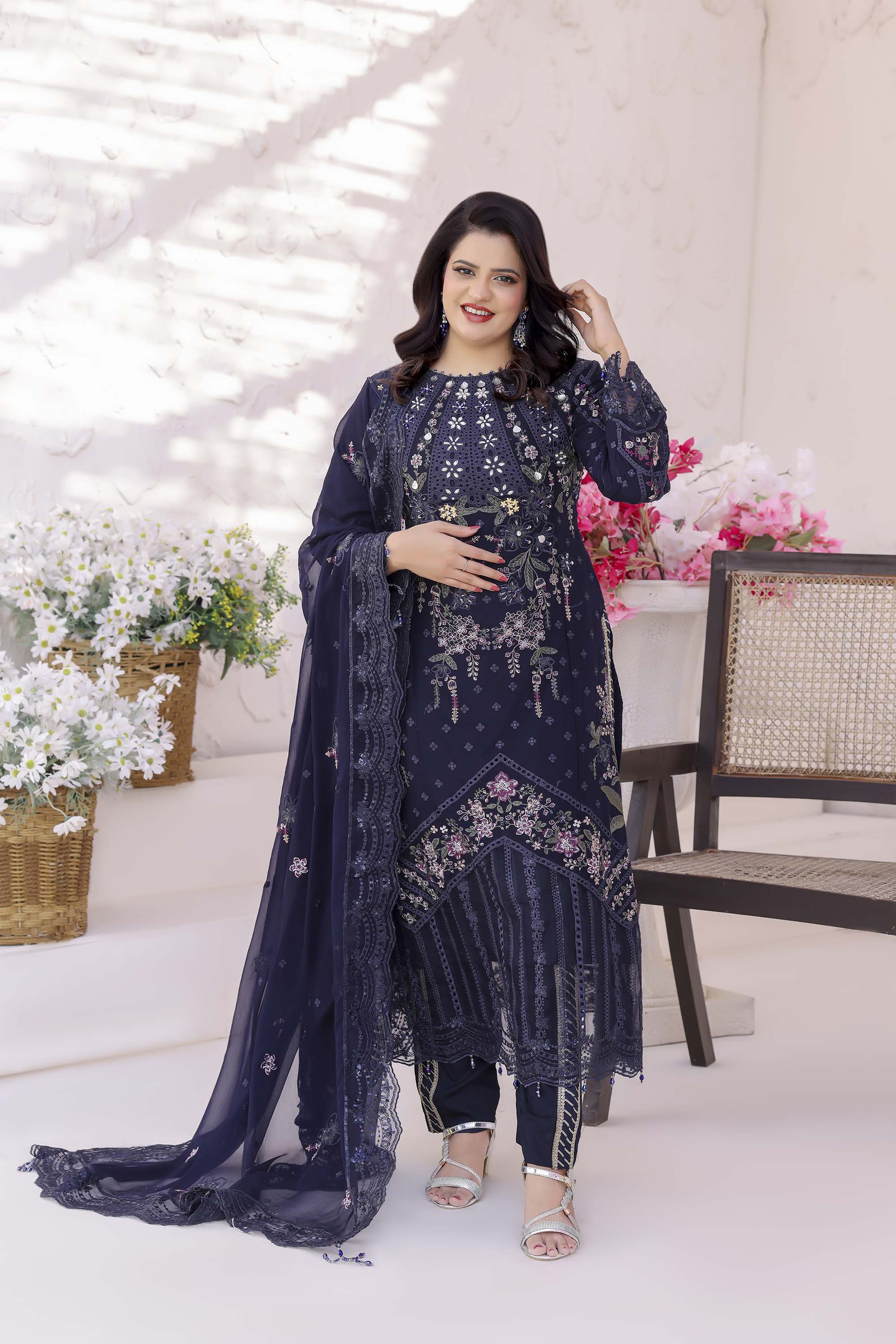 Fahriye Midnight Navy Embroidered Chiffon Suit