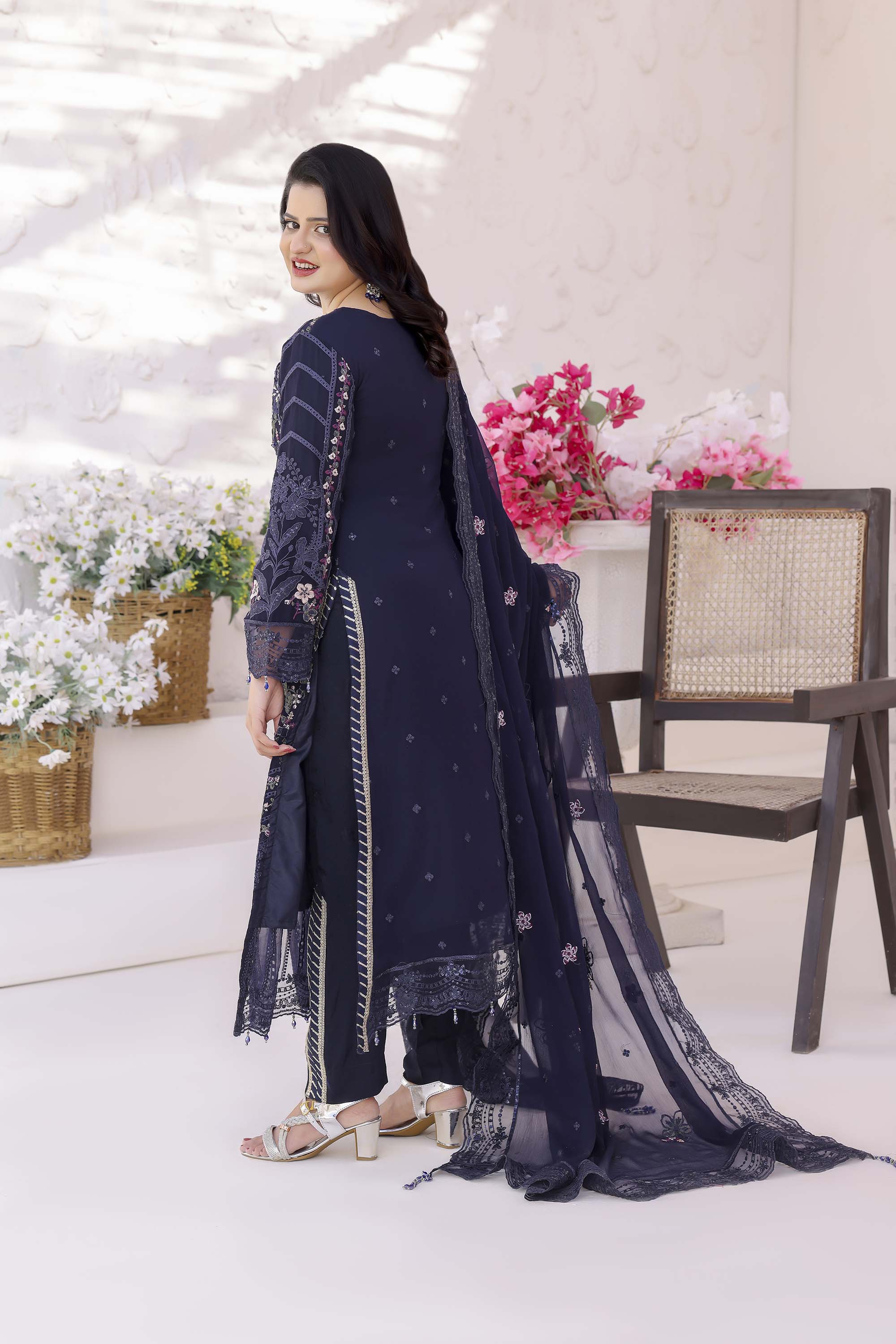 Fahriye Midnight Navy Embroidered Chiffon Suit