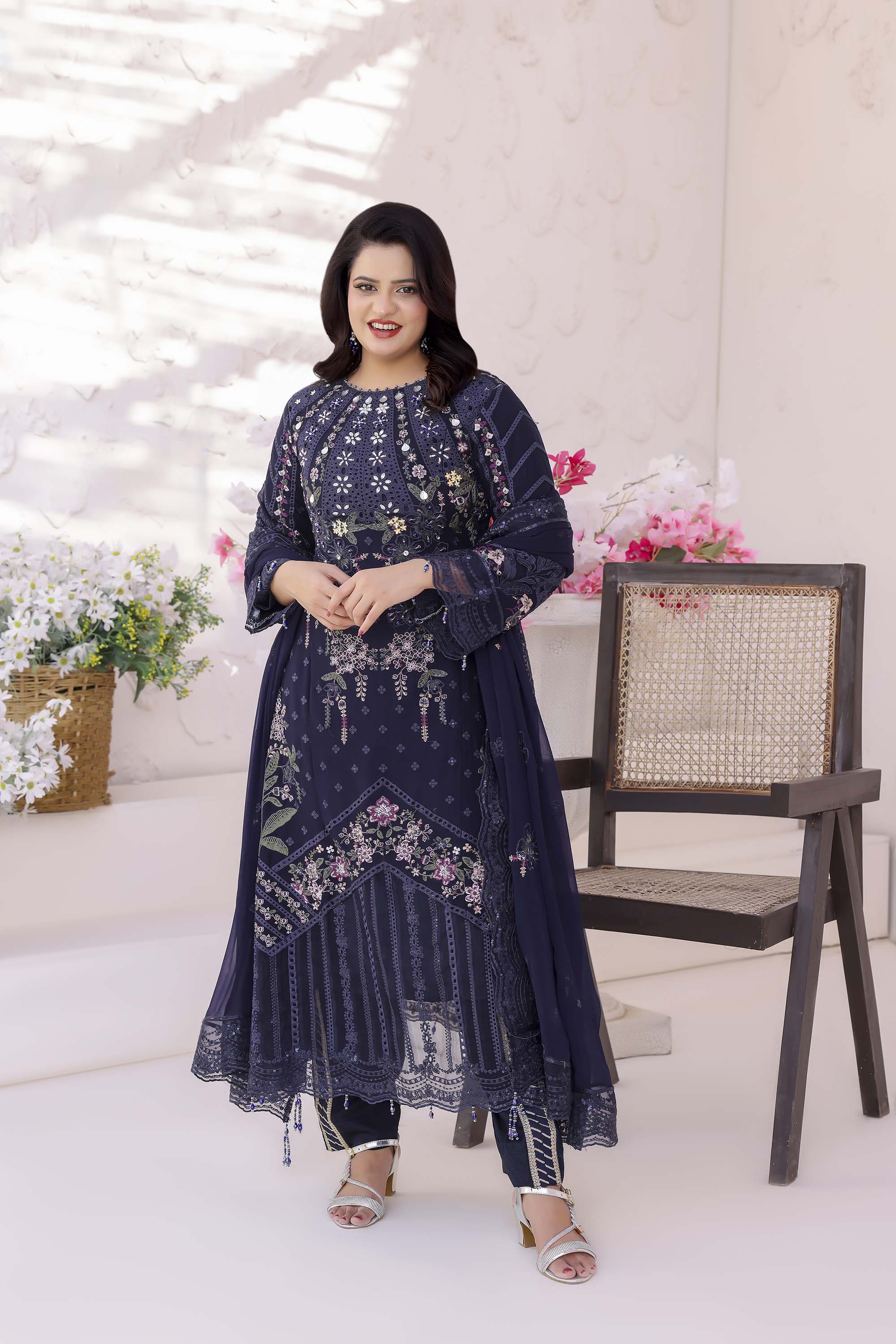 Fahriye Midnight Navy Embroidered Chiffon Suit