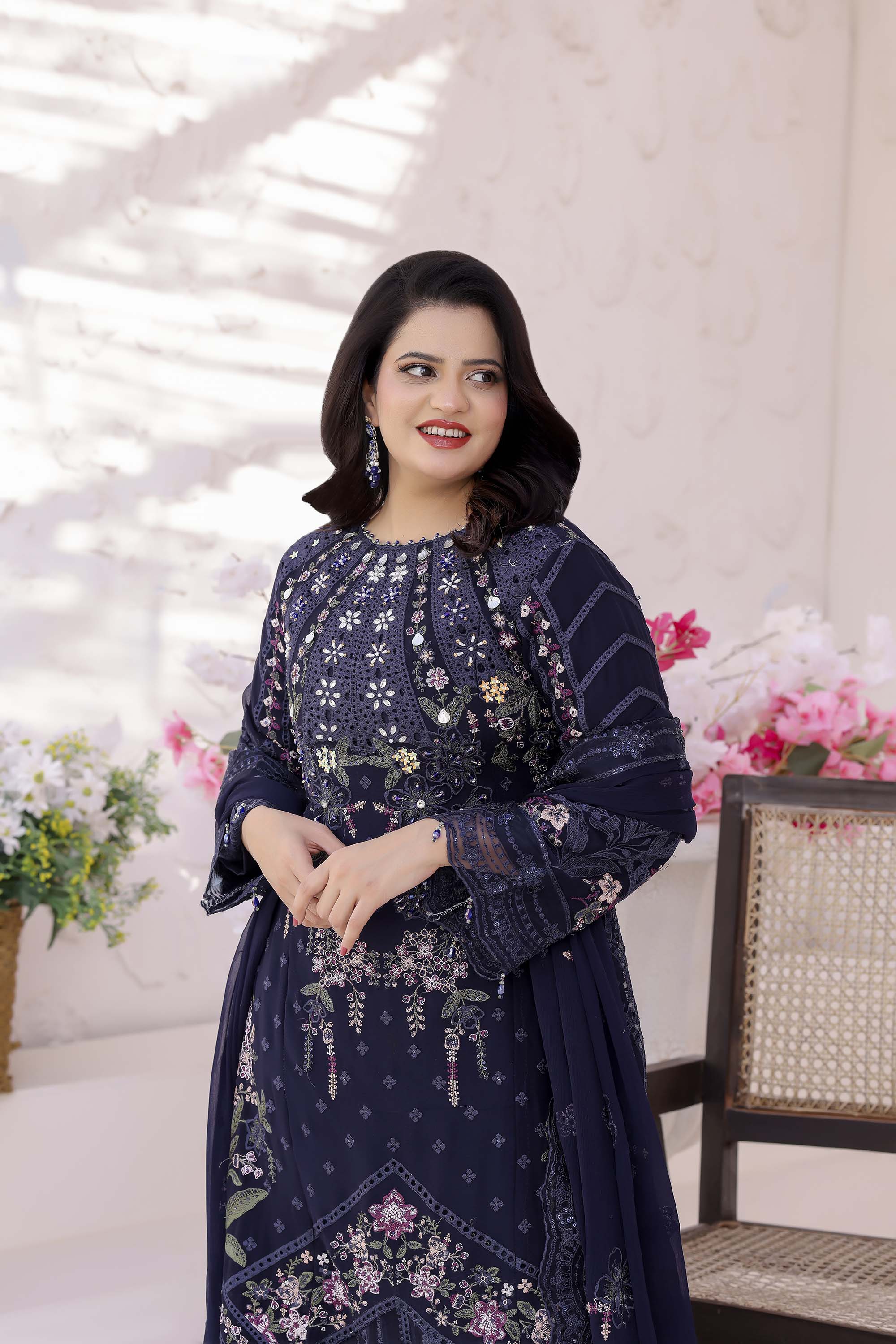 Fahriye Midnight Navy Embroidered Chiffon Suit