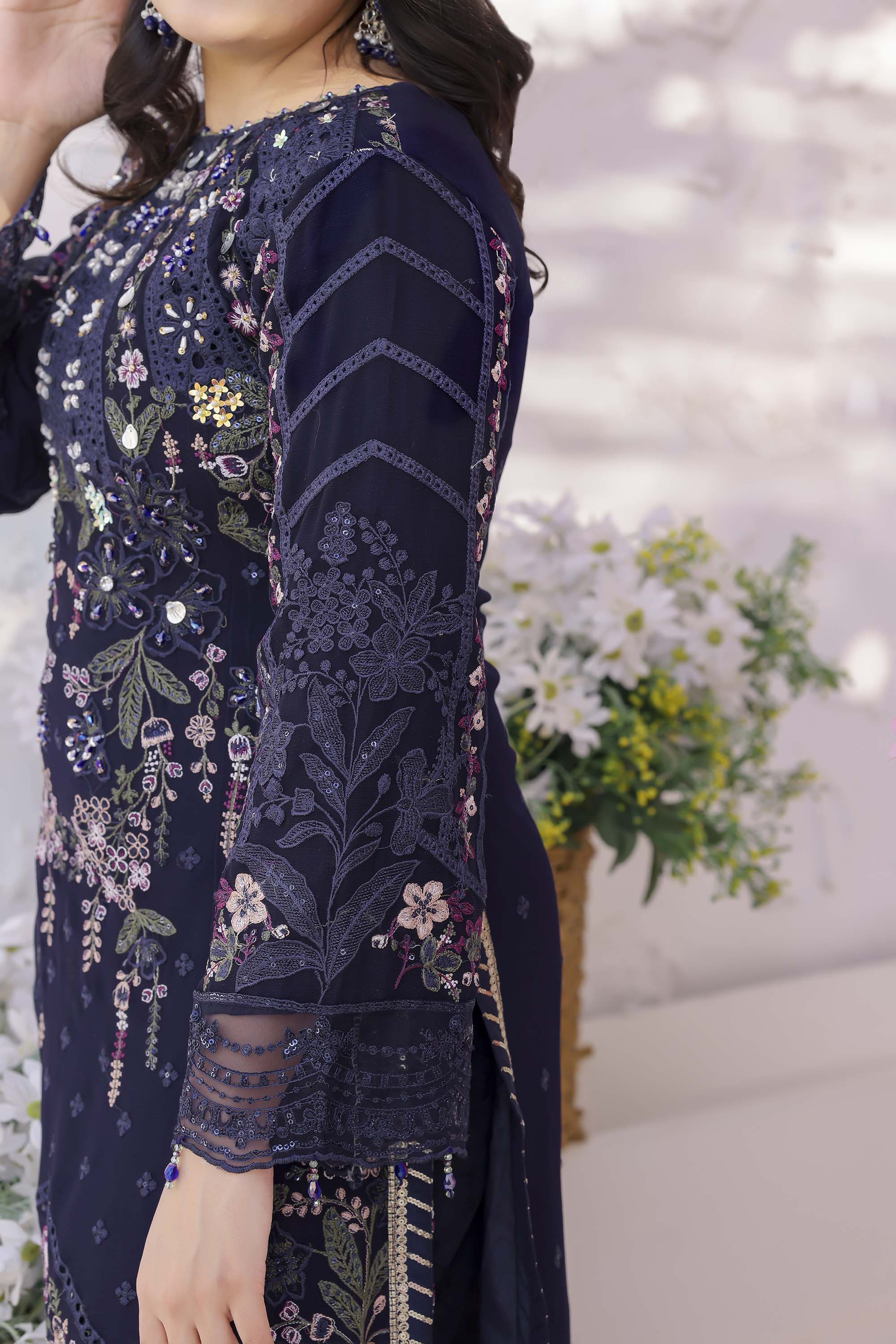 Fahriye Midnight Navy Embroidered Chiffon Suit