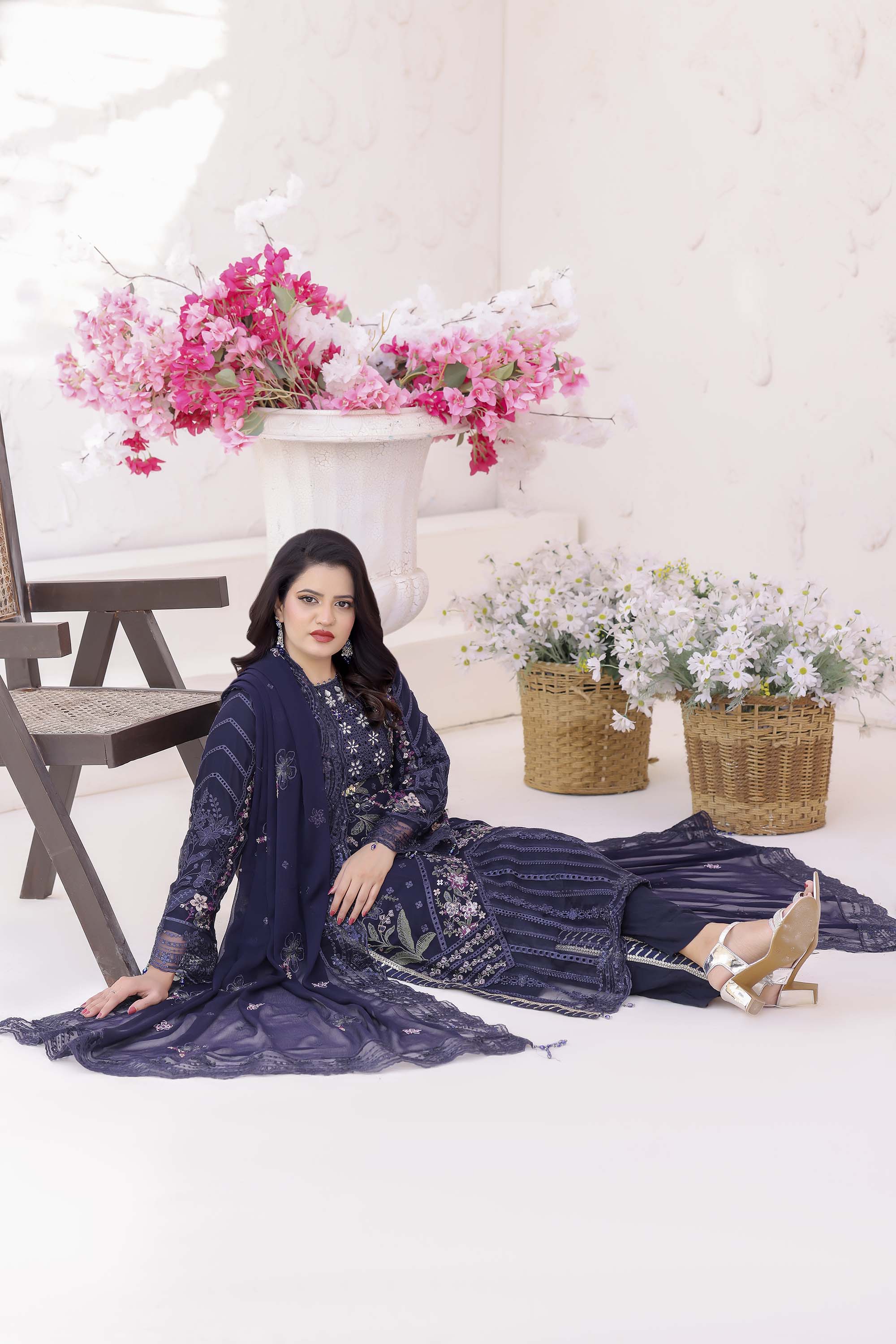 Fahriye Midnight Navy Embroidered Chiffon Suit