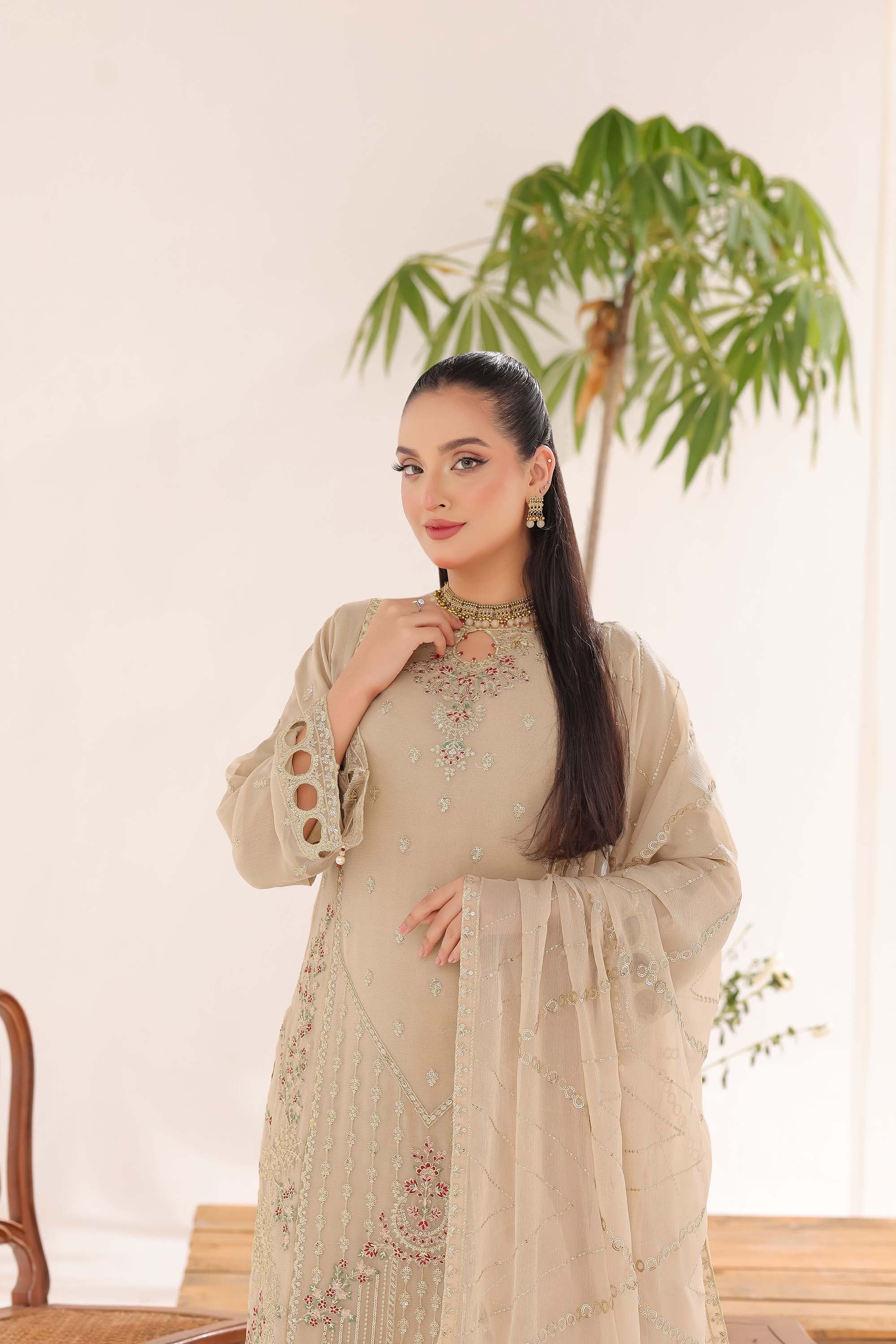 Sahiba Classic: Neutral Beige with Premium Gold & Pastel Embellishments
