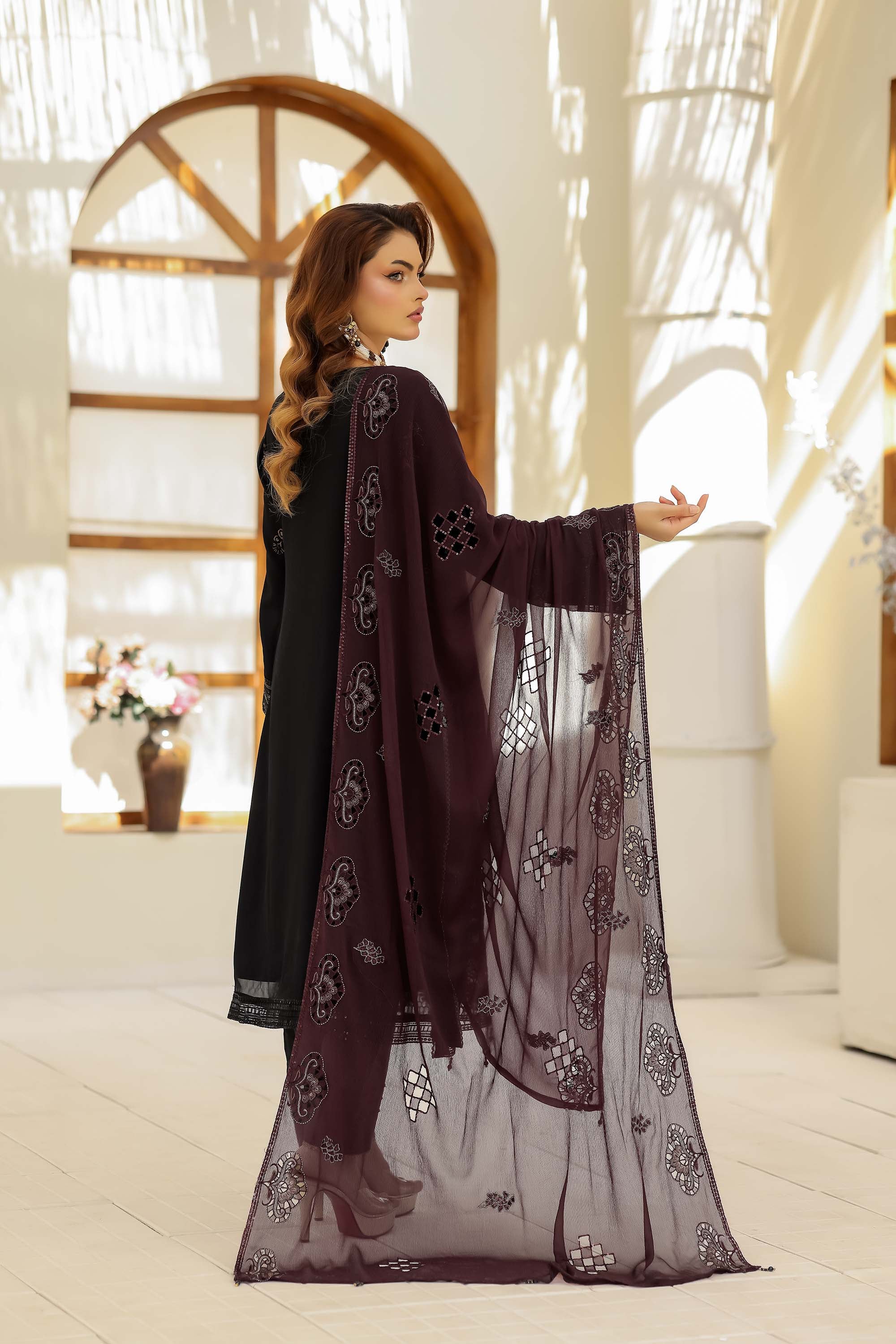 Jolie – Embroidered Chiffon in Midnight Black & Plum