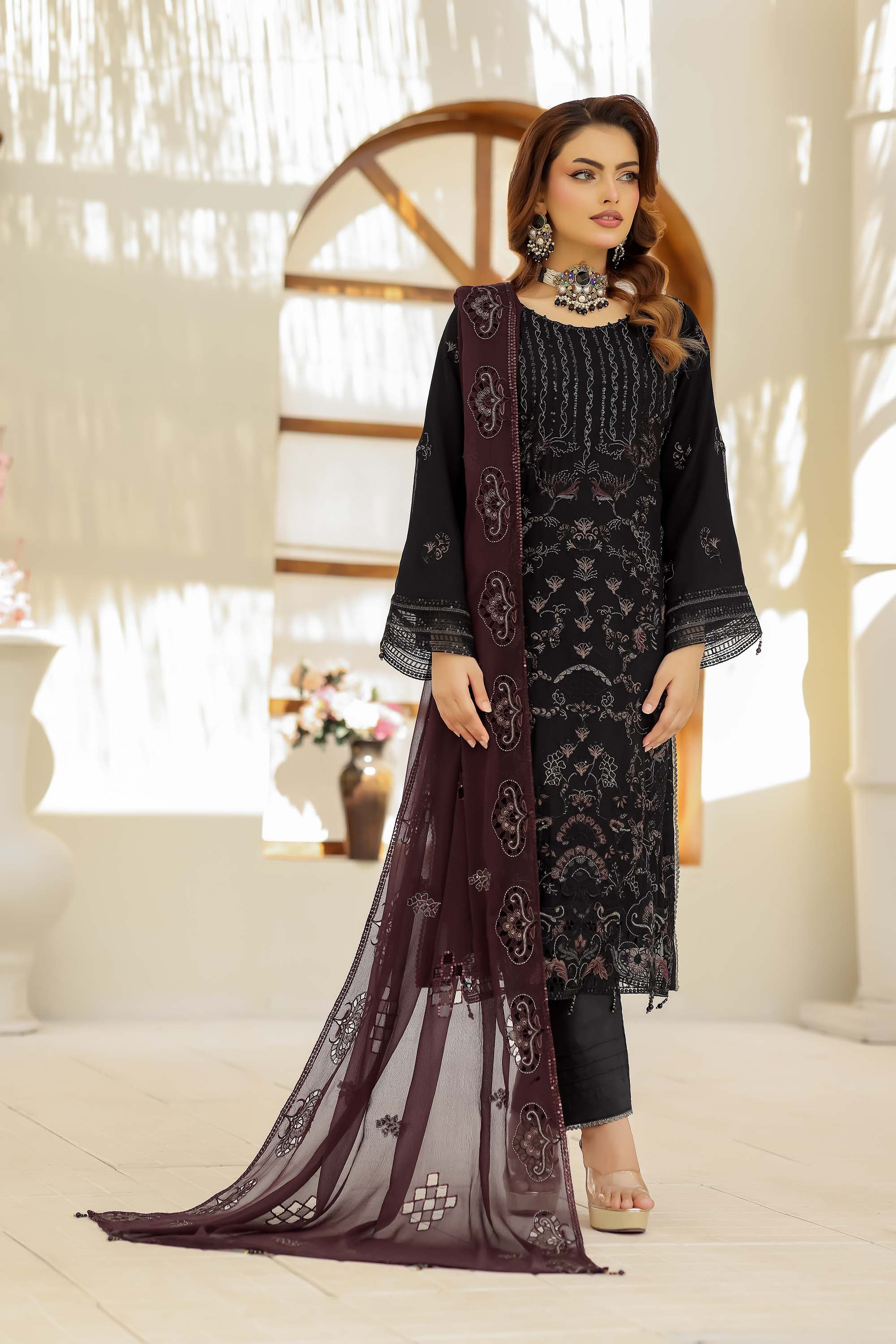 Jolie – Embroidered Chiffon in Midnight Black & Plum