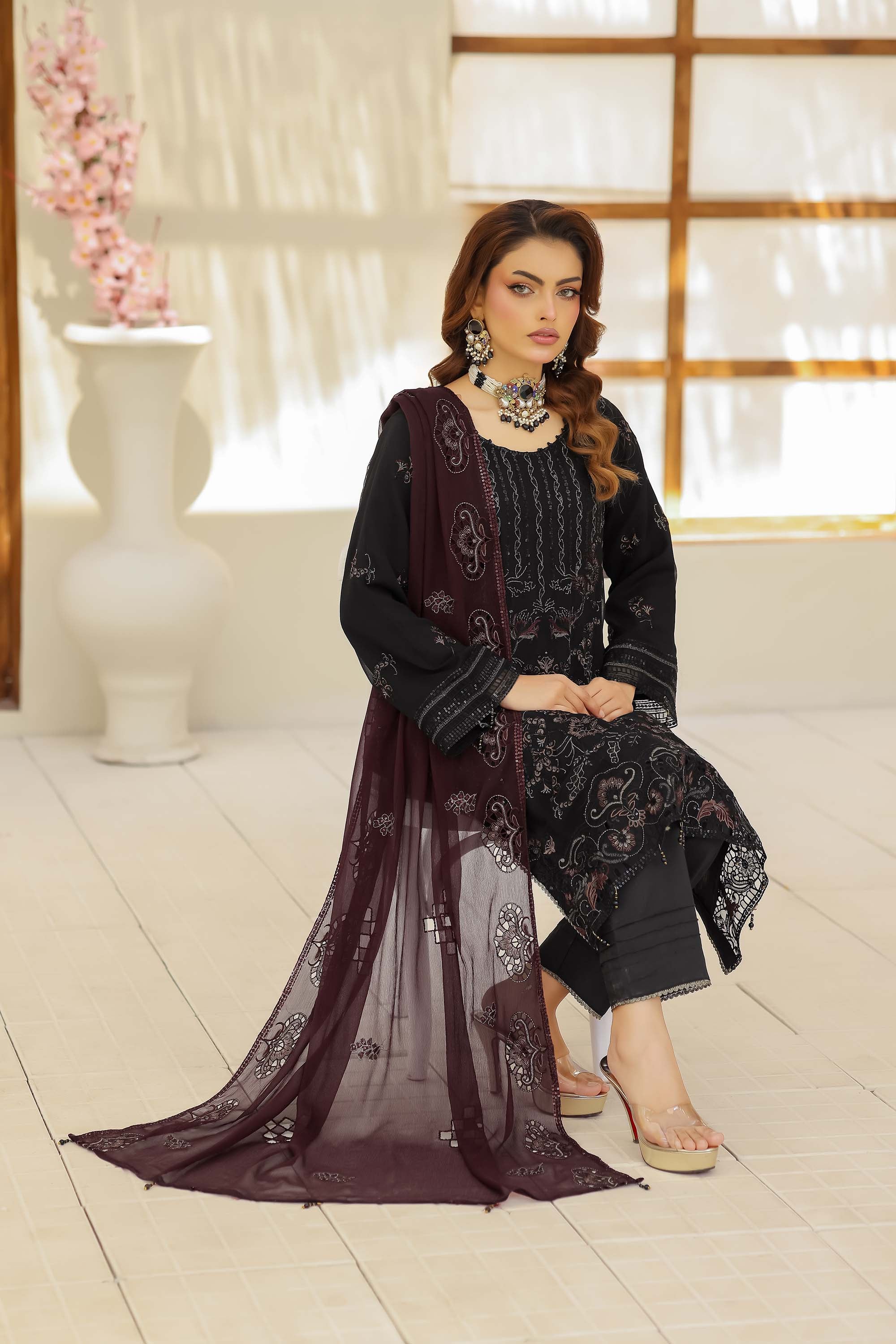 Jolie – Embroidered Chiffon in Midnight Black & Plum