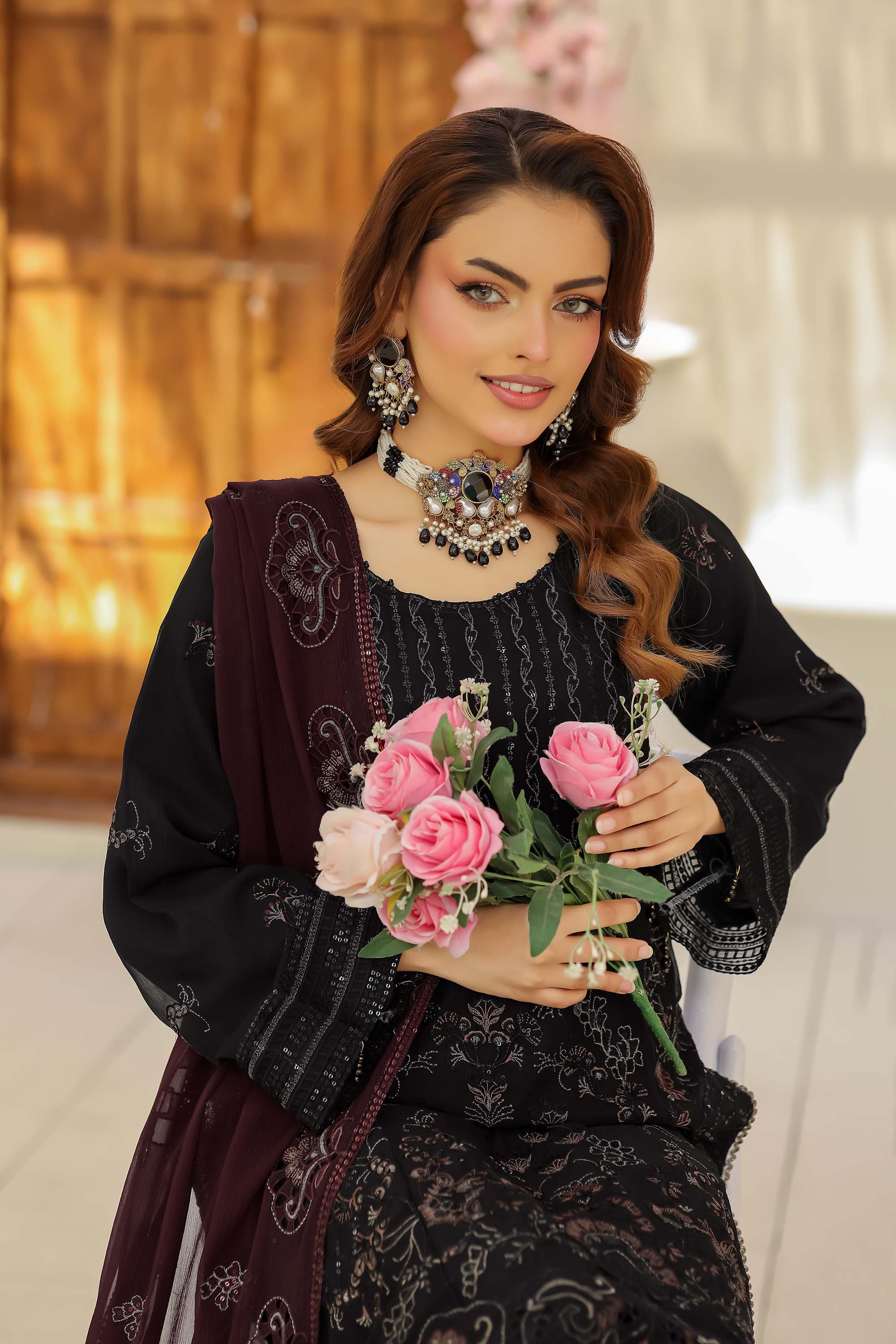 Jolie – Embroidered Chiffon in Midnight Black & Plum