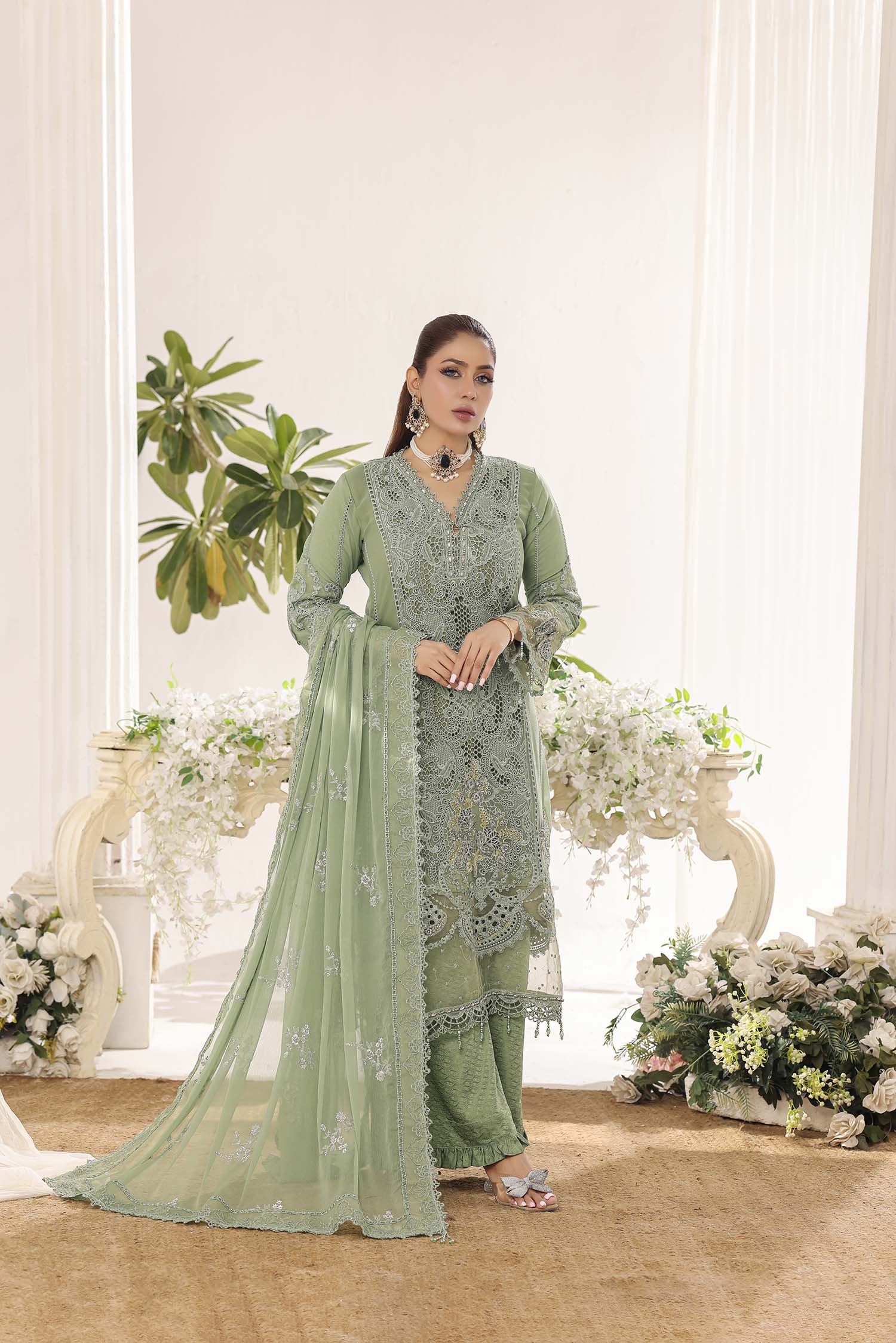 Alara Sage Green Chic Embroidered Chiffon Dress