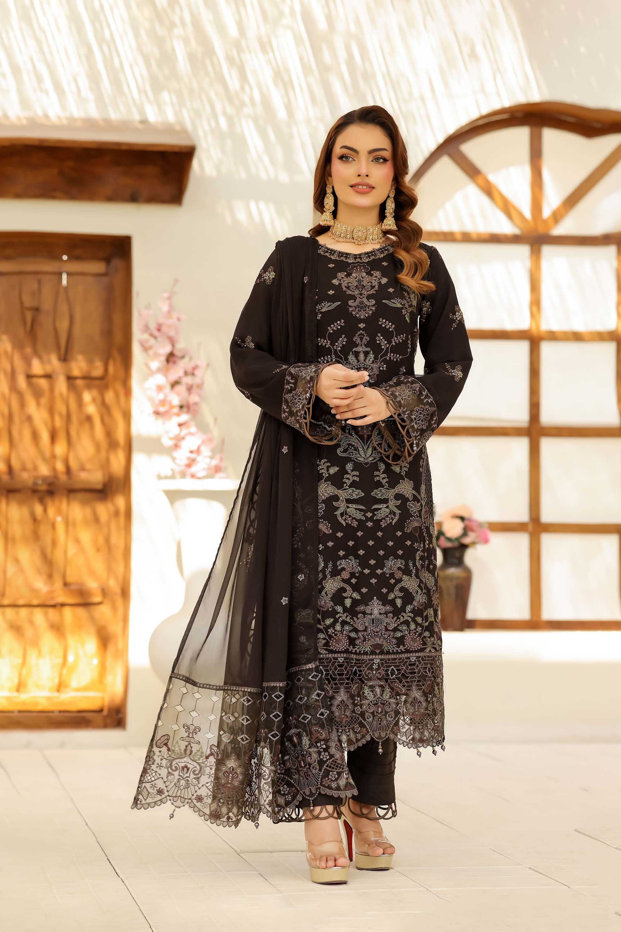 LA ROSE - Espresso Brown Heavily Embroidered Festive Suit