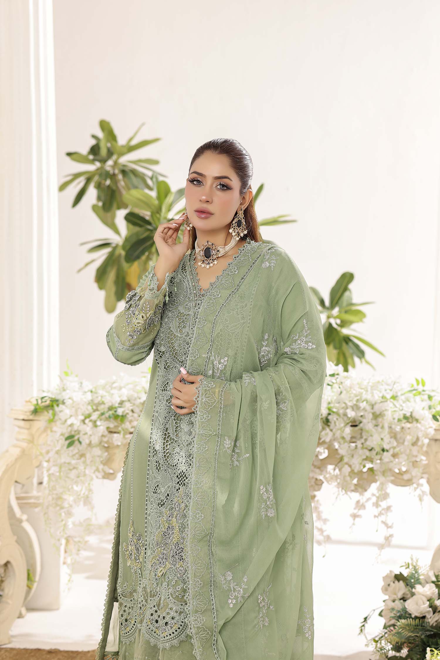 Alara Sage Green Chic Embroidered Chiffon Dress