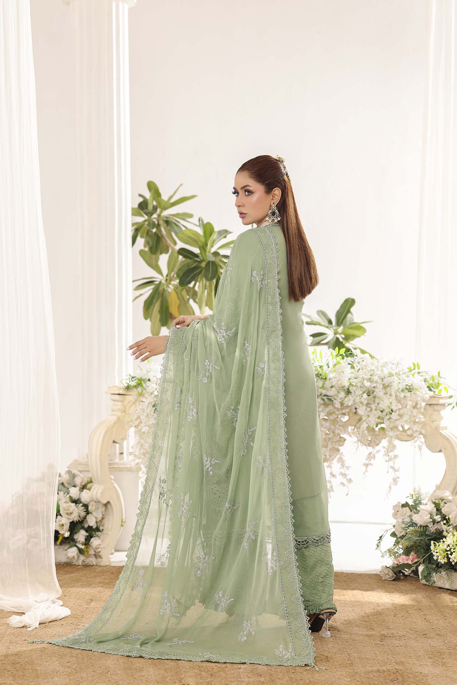 Alara Sage Green Chic Embroidered Chiffon Dress