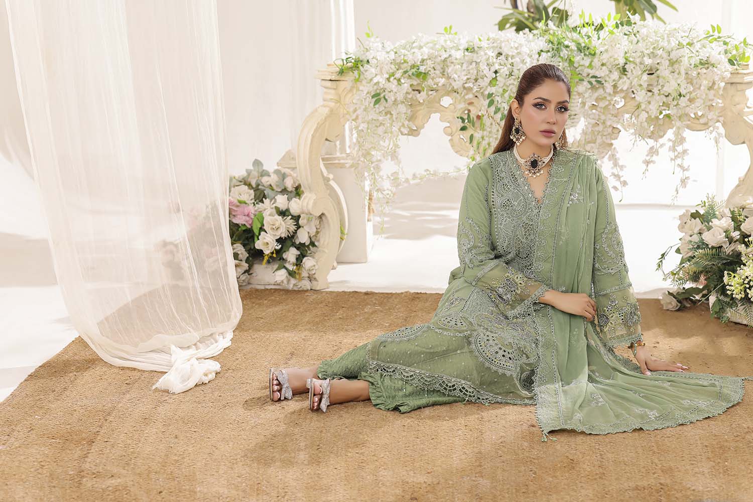 Alara Sage Green Chic Embroidered Chiffon Dress