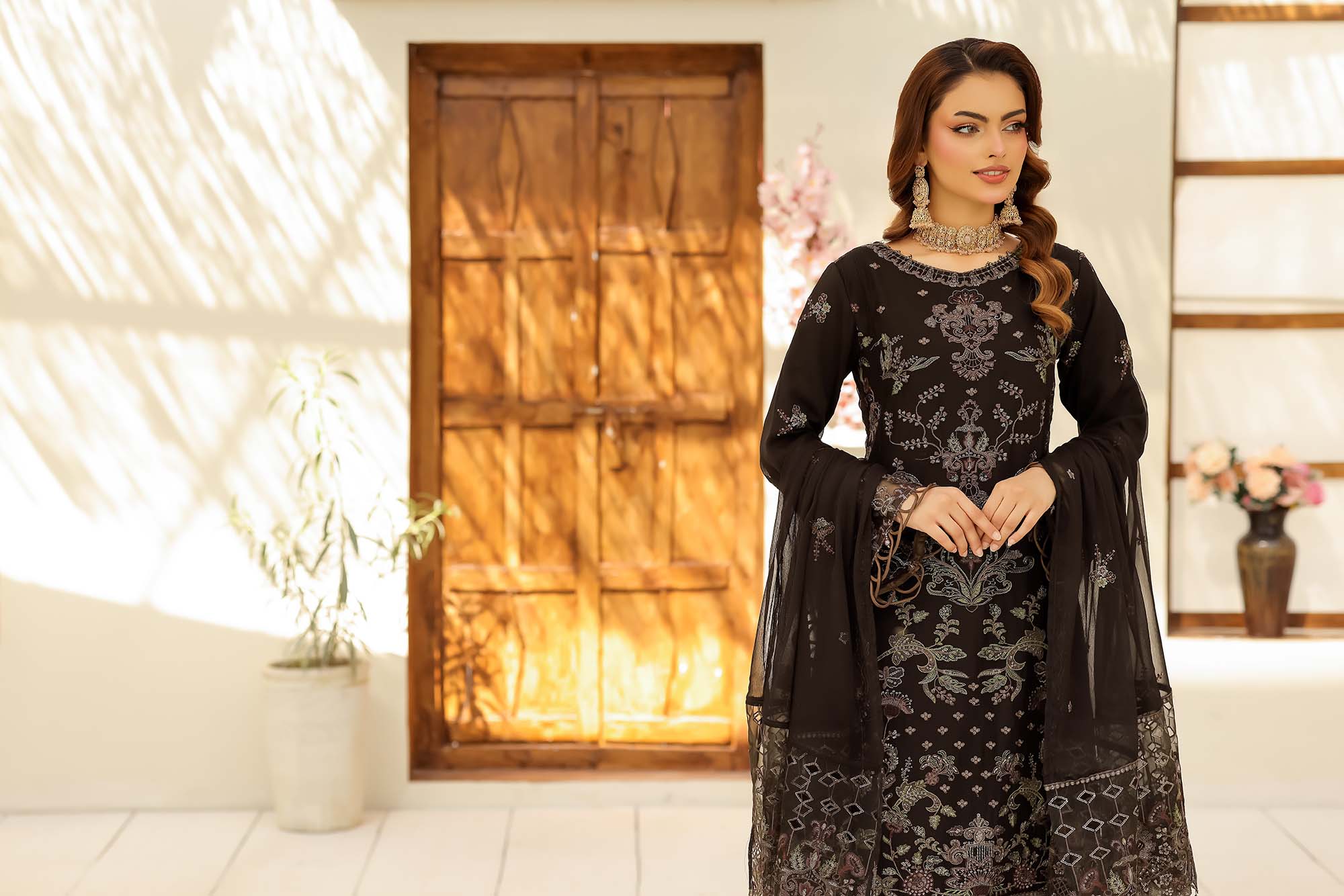 LA ROSE - Espresso Brown Heavily Embroidered Festive Suit