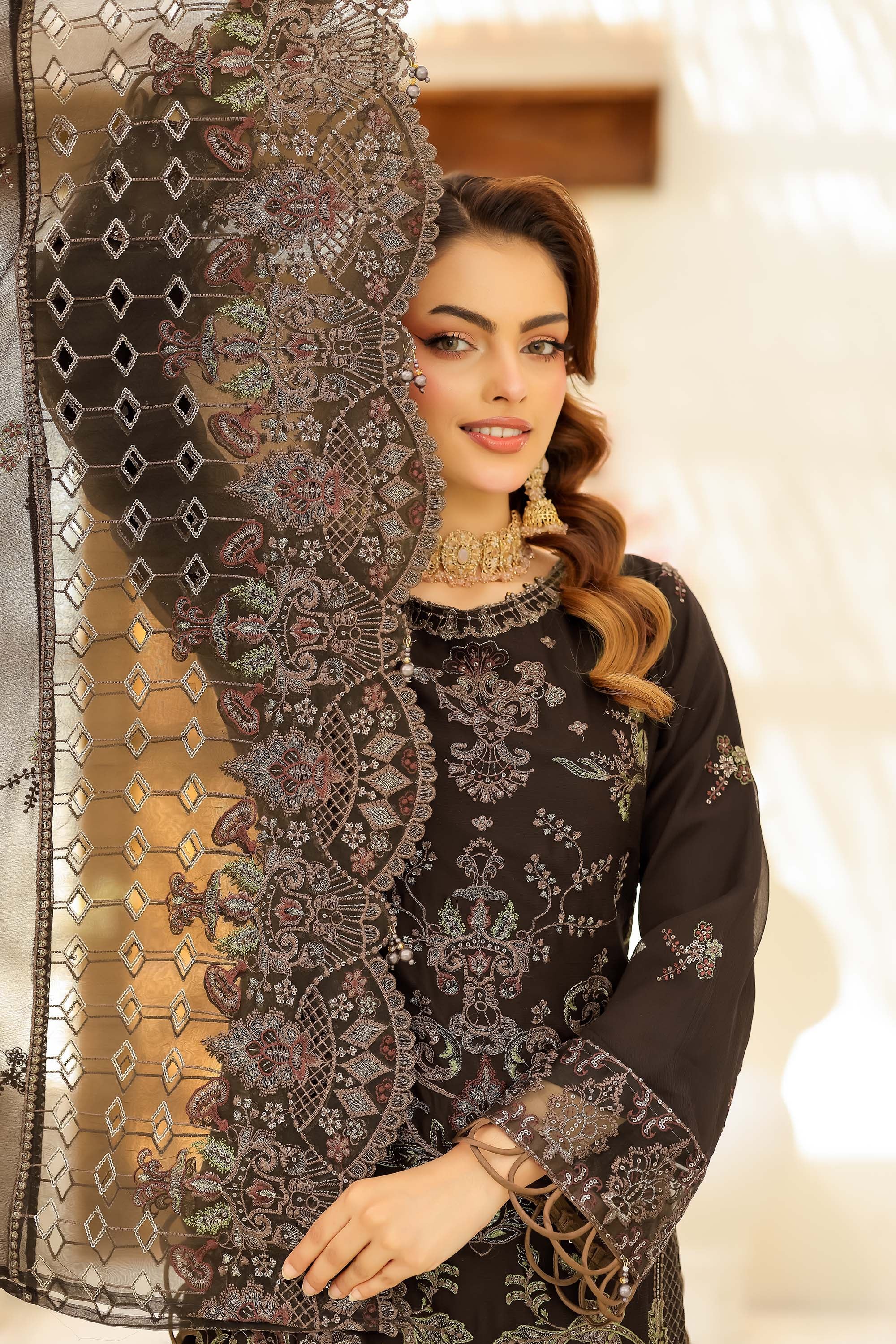 LA ROSE - Espresso Brown Heavily Embroidered Festive Suit
