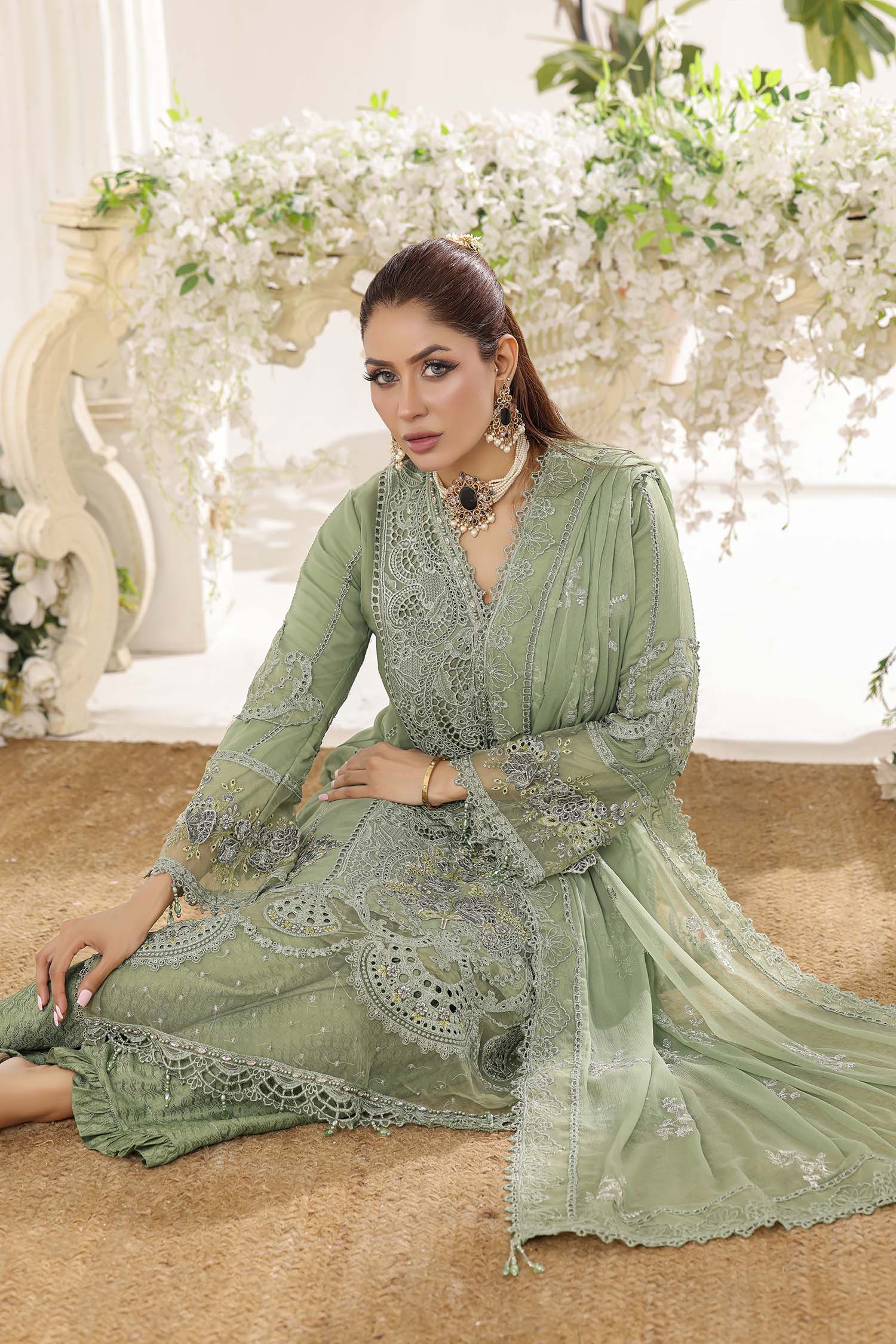 Alara Sage Green Chic Embroidered Chiffon Dress