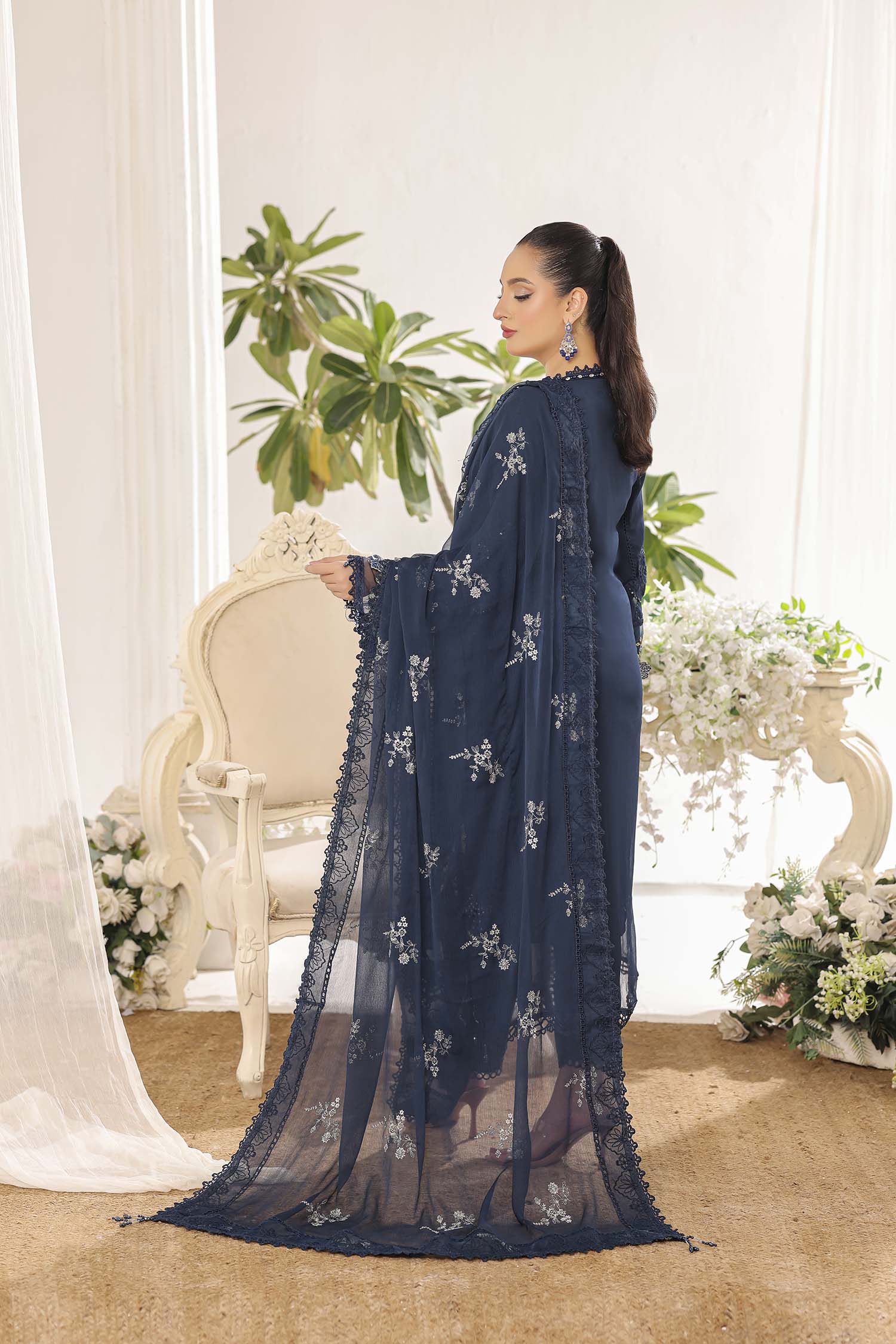 Alara Midnight Blue Heavy Embroidered Chiffon Dress