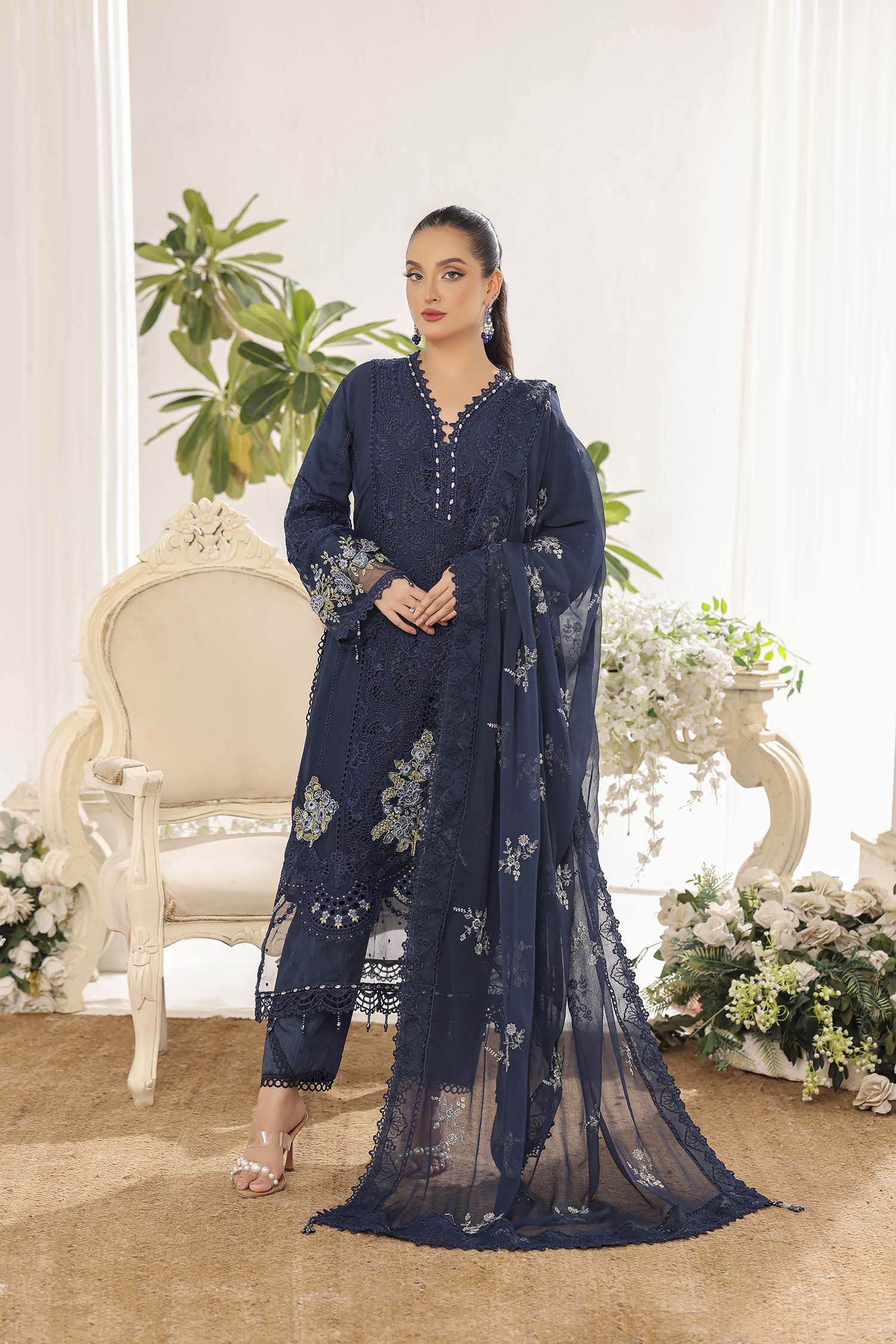 Alara Midnight Blue Heavy Embroidered Chiffon Dress