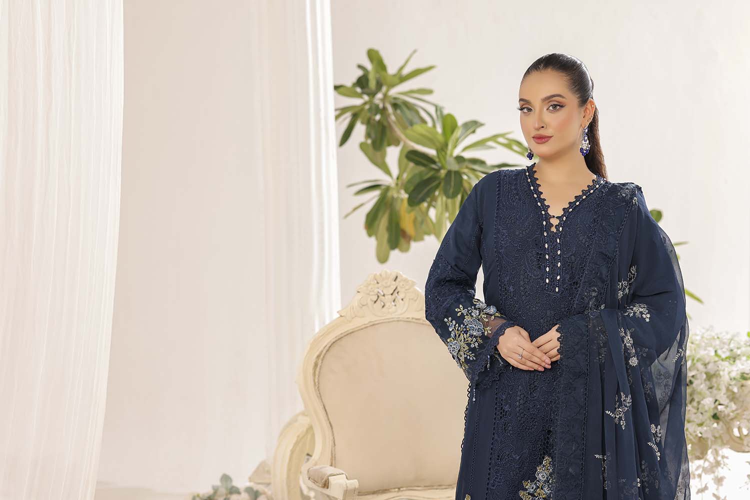 Alara Midnight Blue Heavy Embroidered Chiffon Dress