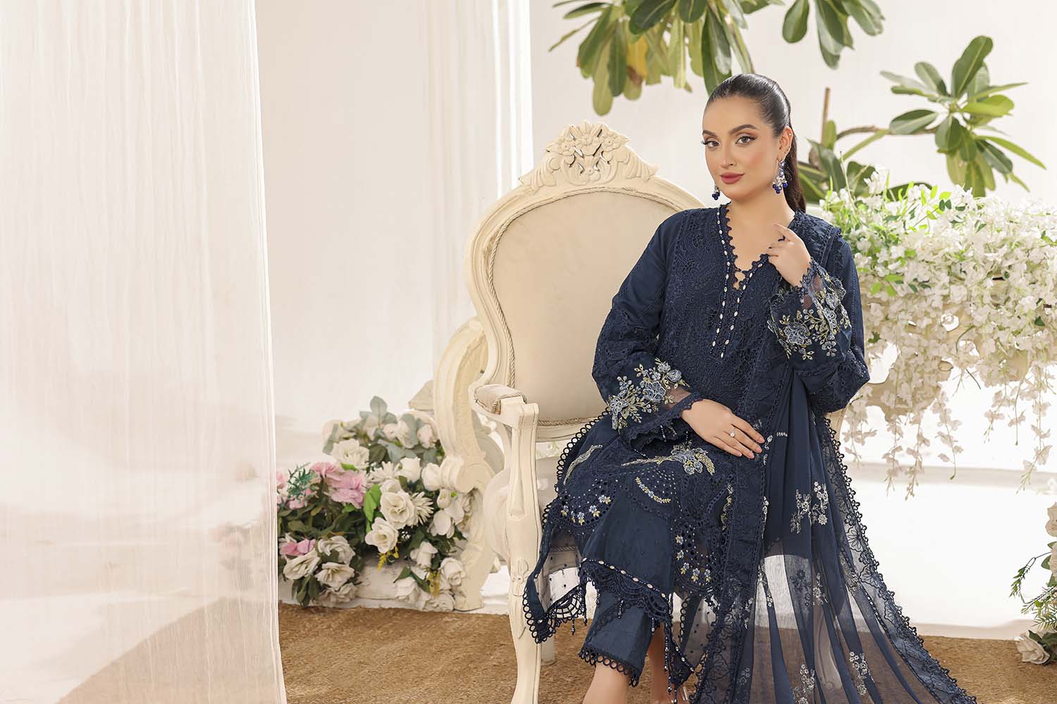 Alara Midnight Blue Heavy Embroidered Chiffon Dress