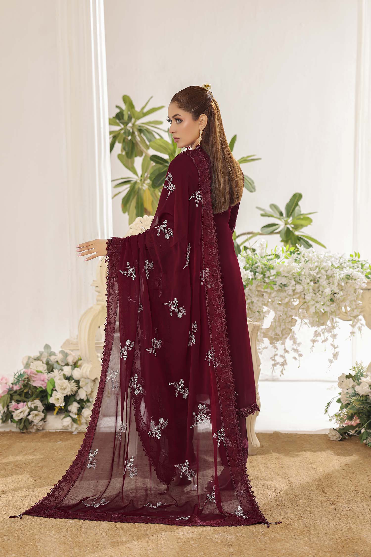 Alara Royal Maroon Festive Chiffon Formal Ensemble