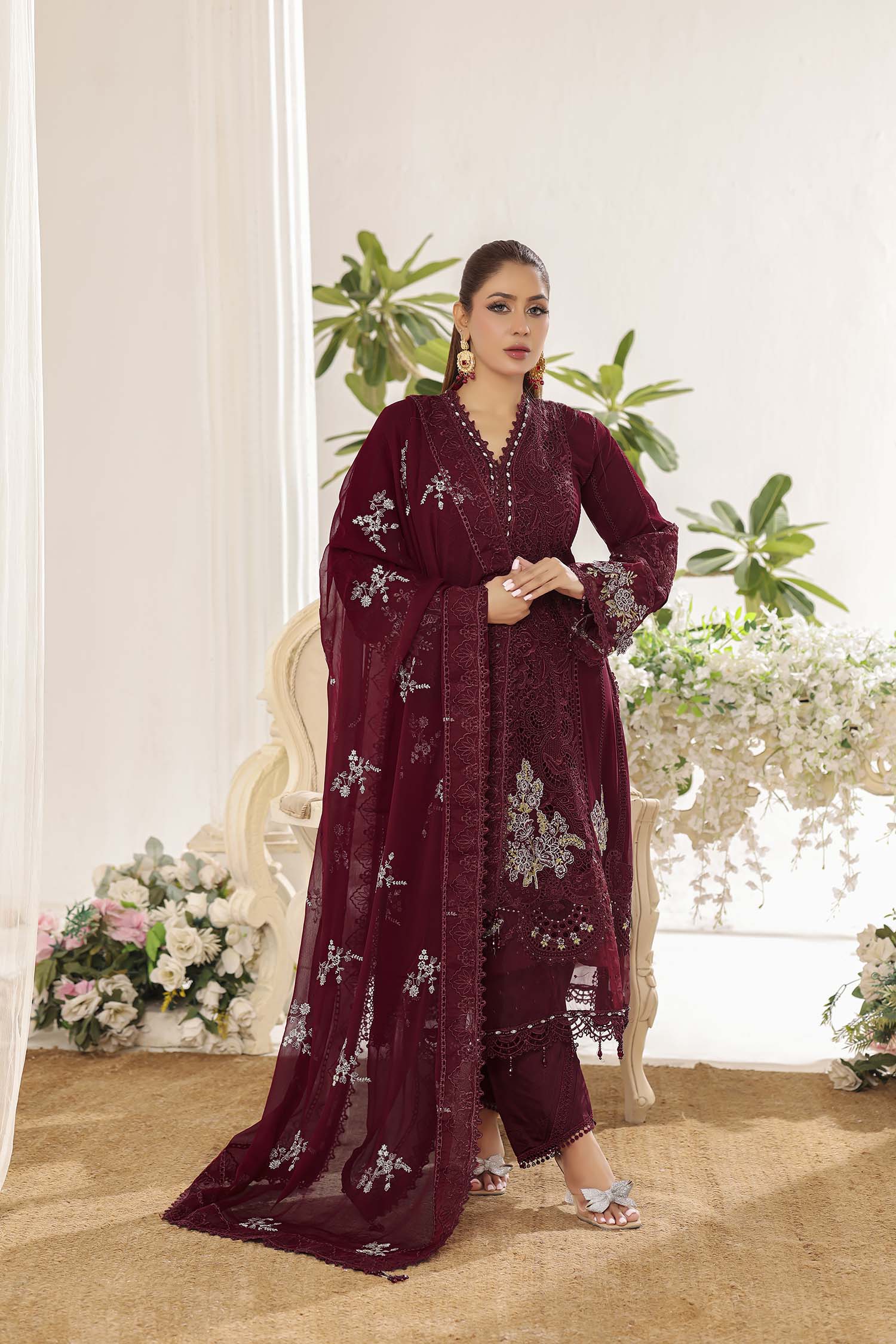 Alara Royal Maroon Festive Chiffon Formal Ensemble