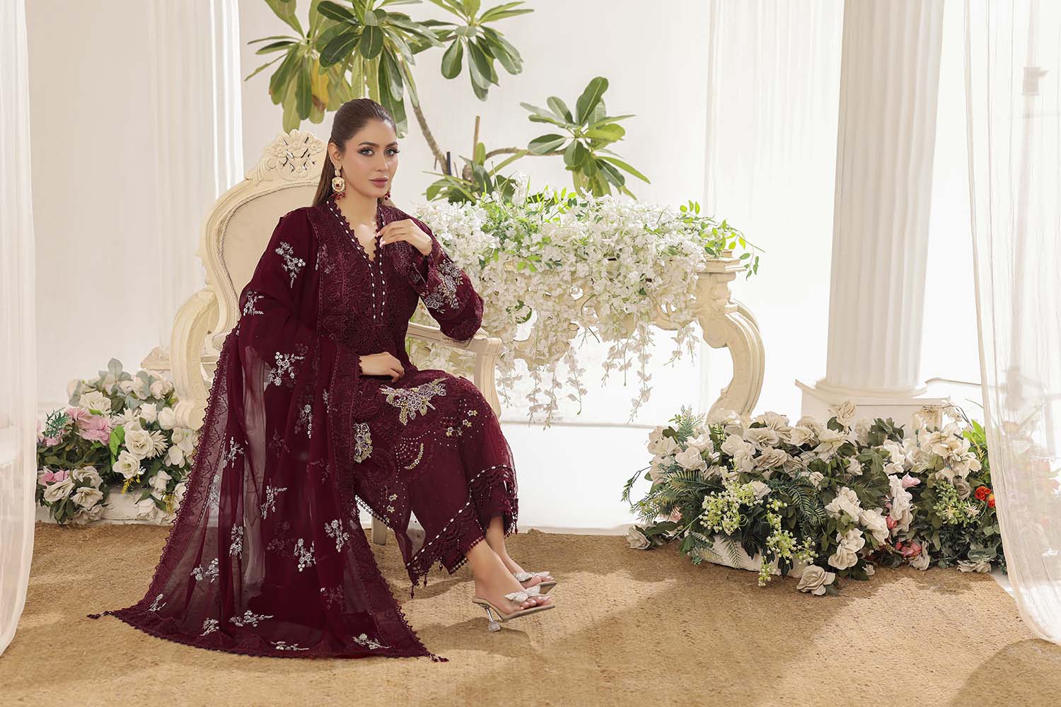 Alara Royal Maroon Festive Chiffon Formal Ensemble