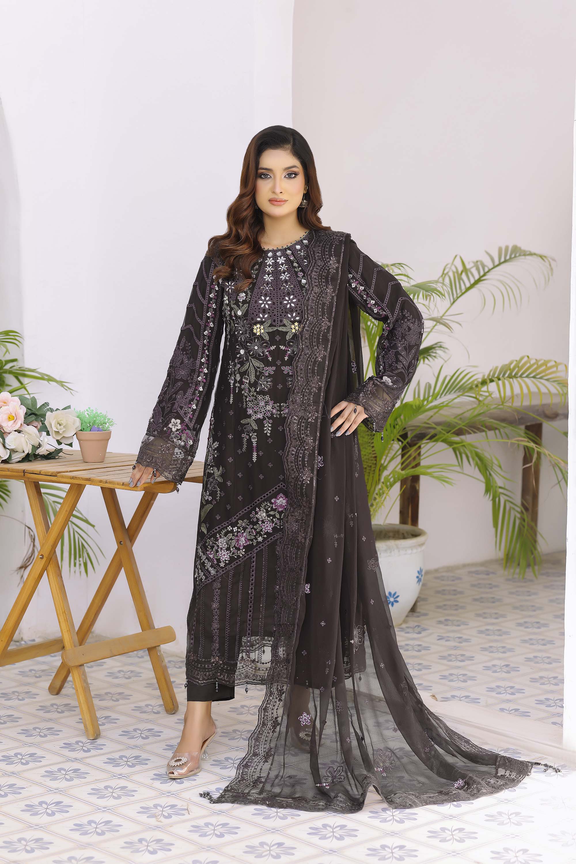Fahriye Espresso Brown Embroidered Chiffon Suit