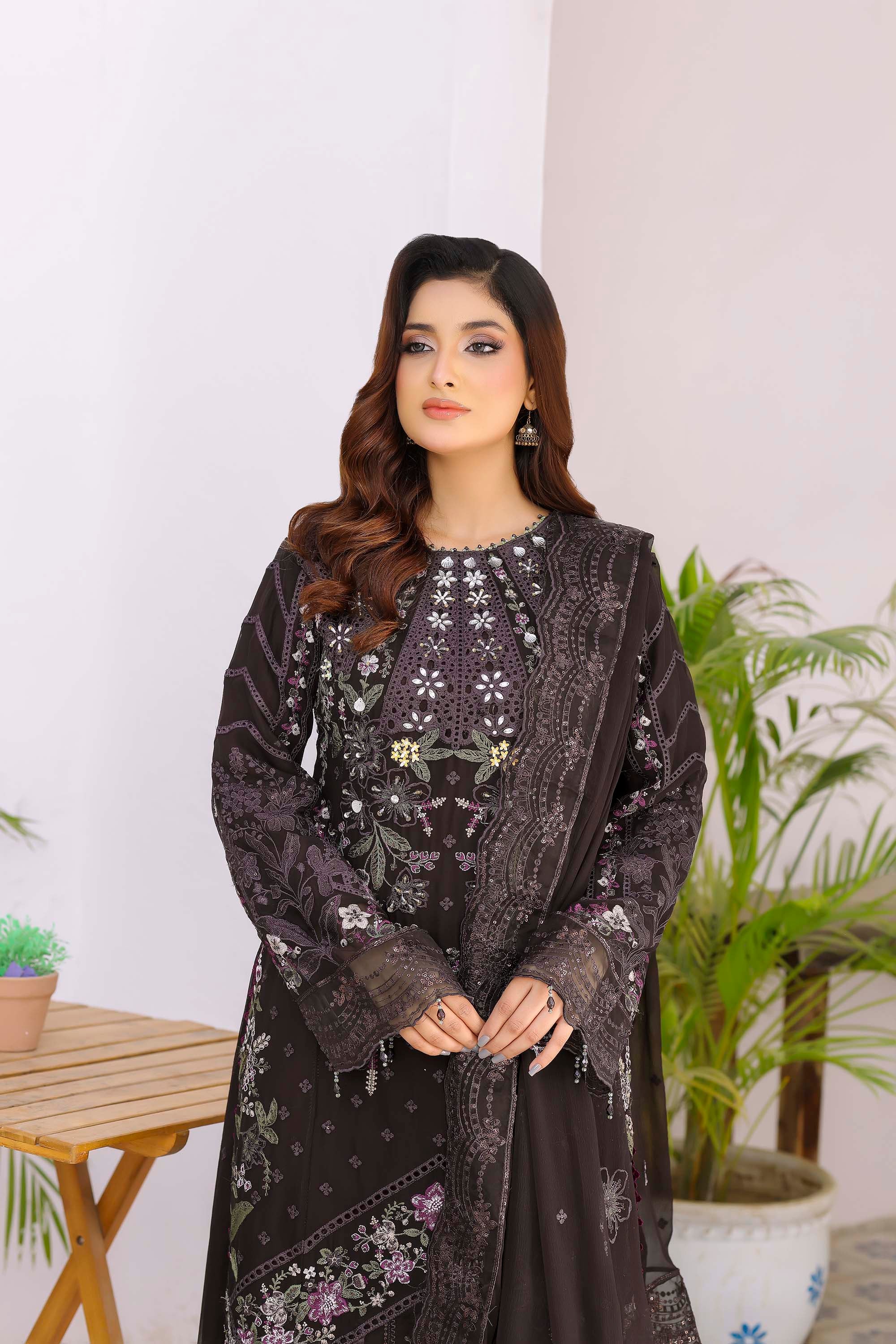 Fahriye Espresso Brown Embroidered Chiffon Suit