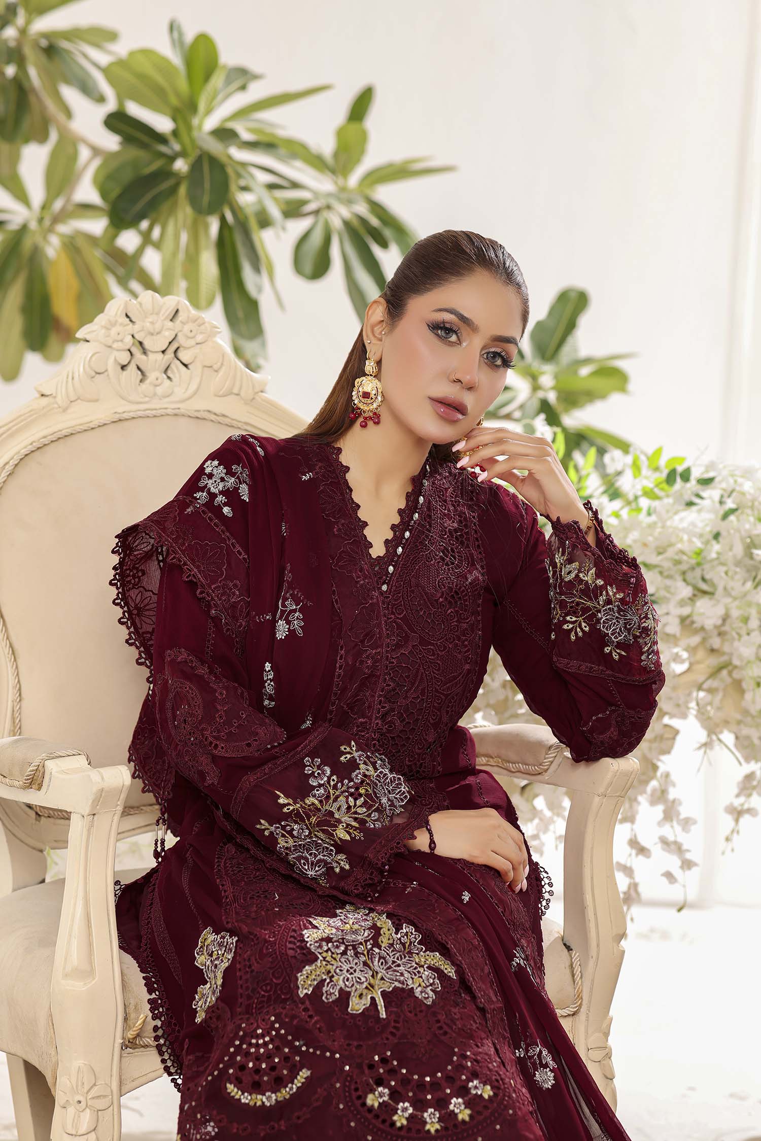 Alara Royal Maroon Festive Chiffon Formal Ensemble
