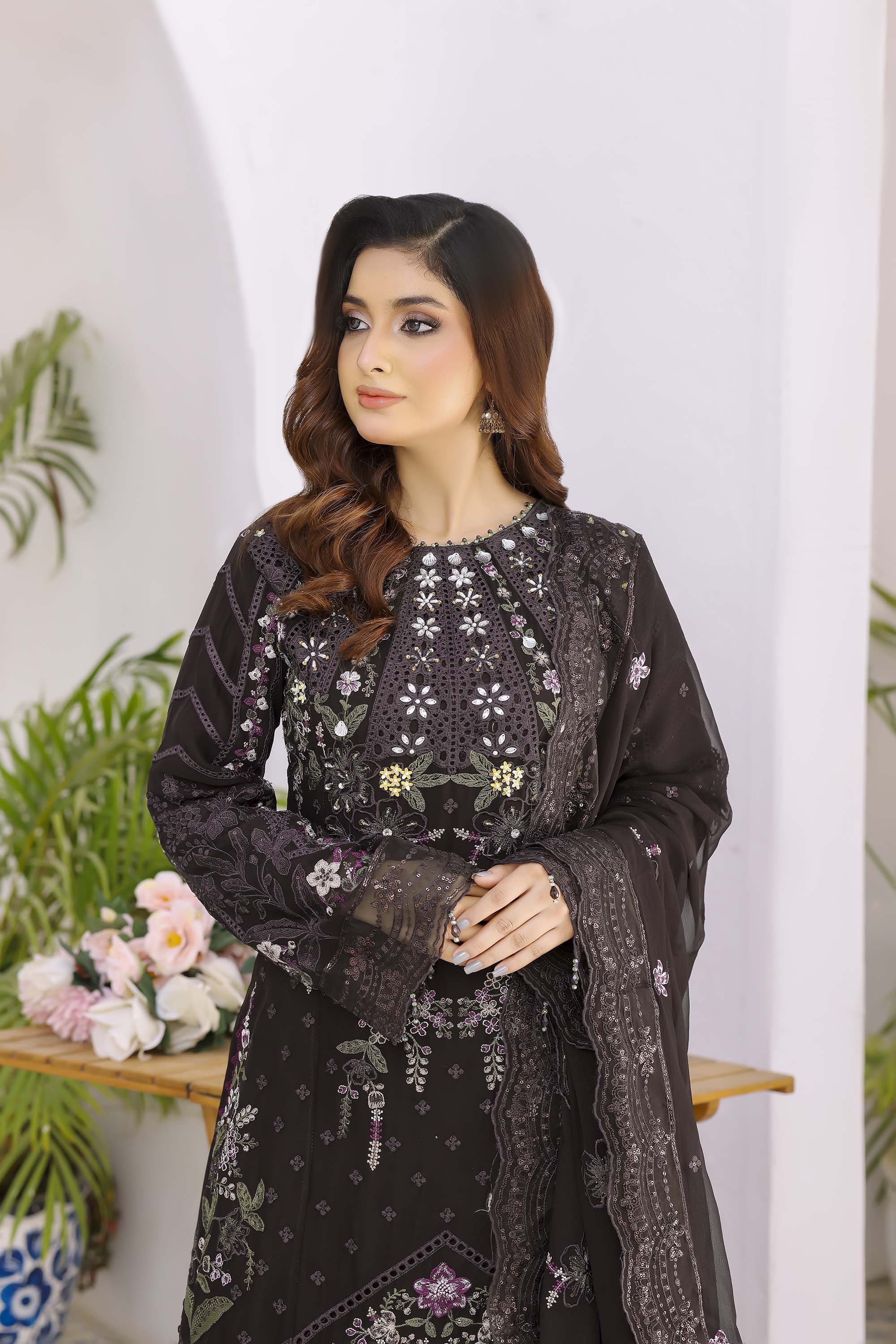 Fahriye Espresso Brown Embroidered Chiffon Suit