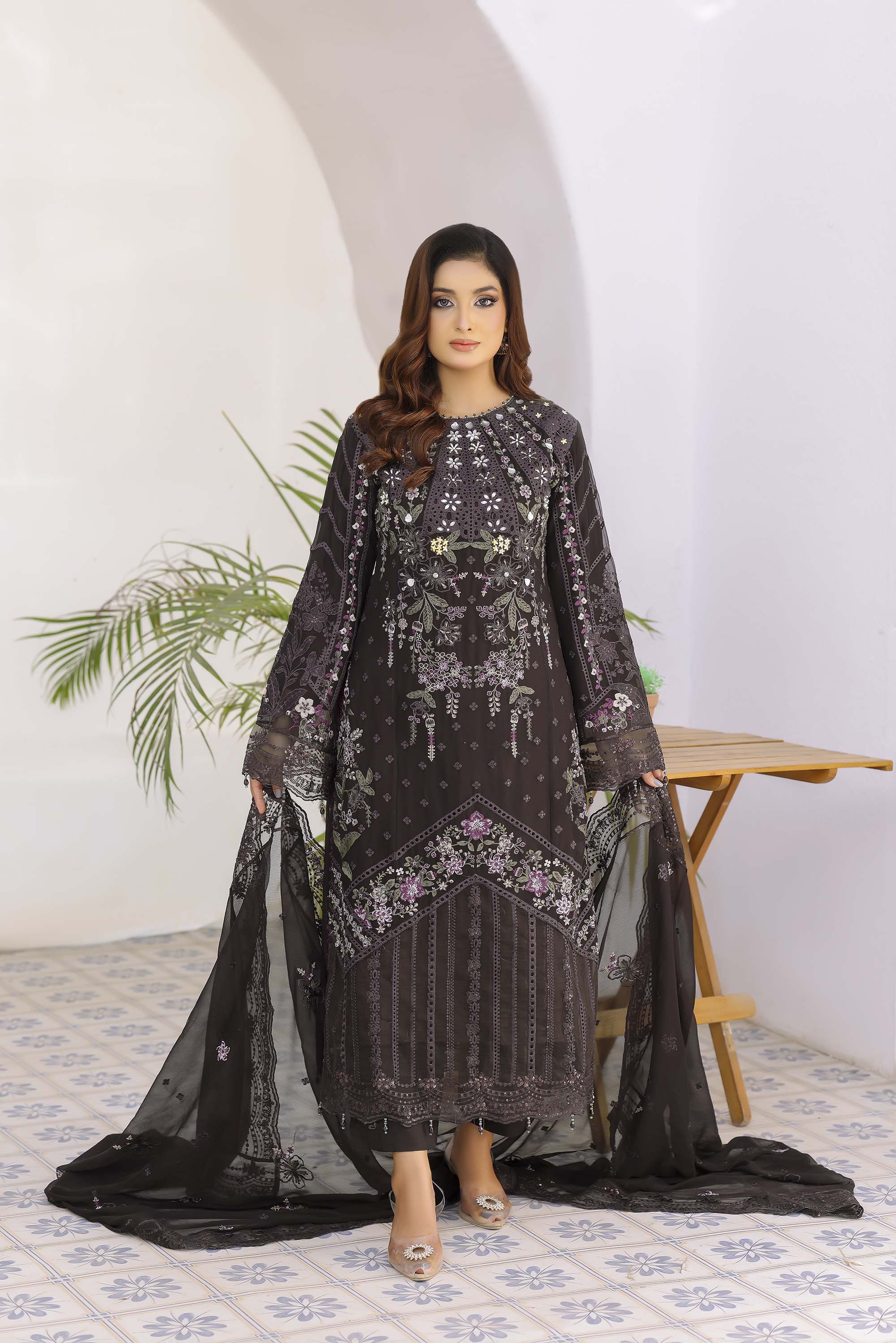 Fahriye Espresso Brown Embroidered Chiffon Suit