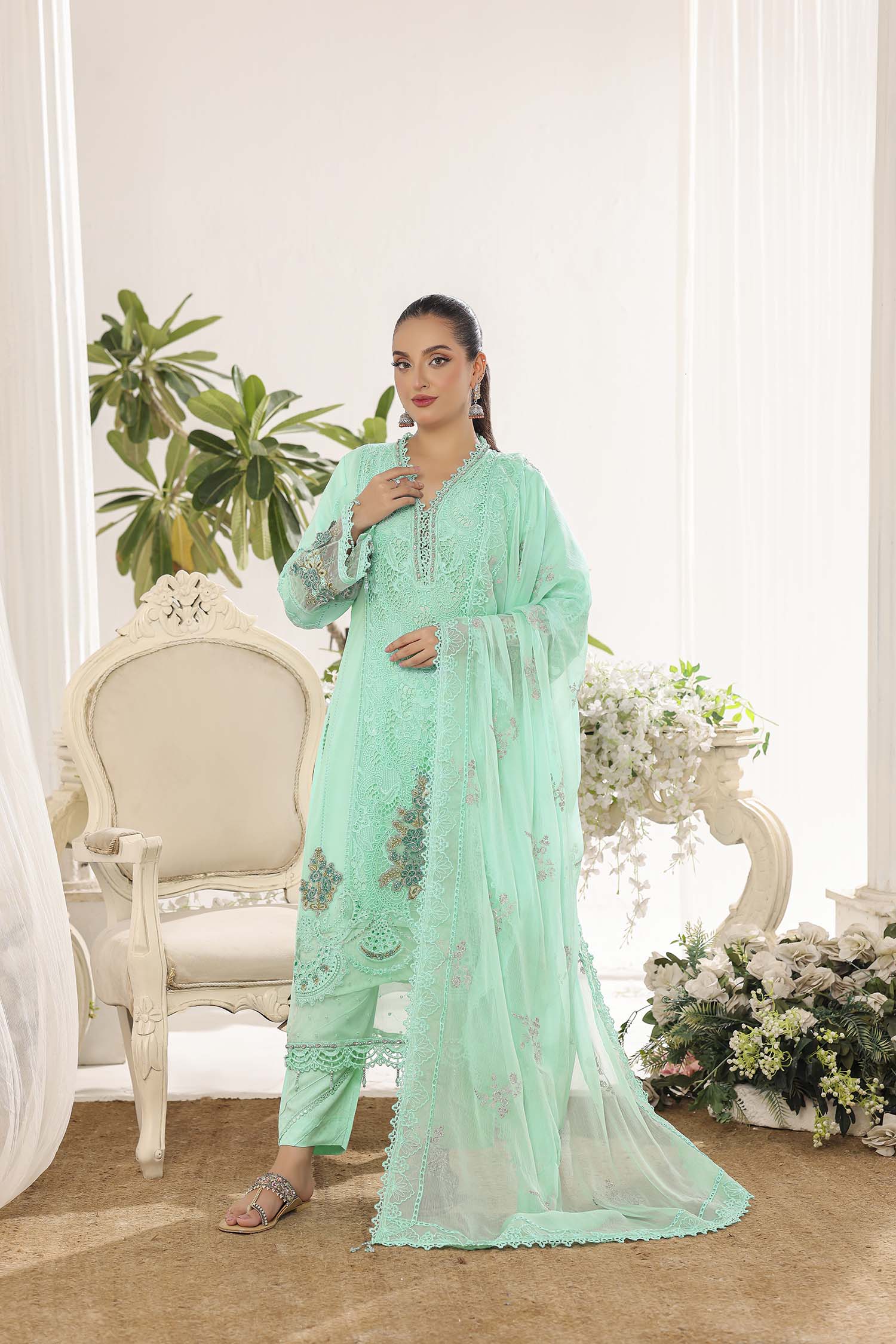 Alara Mint Green Luxury Embroidered Chiffon Ensemble