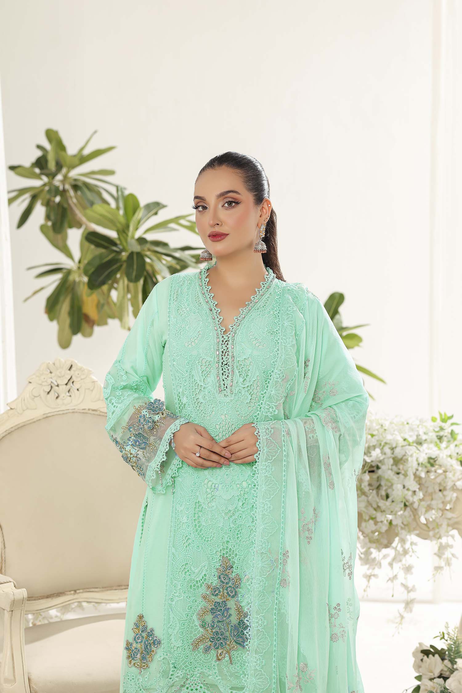 Alara Mint Green Luxury Embroidered Chiffon Ensemble