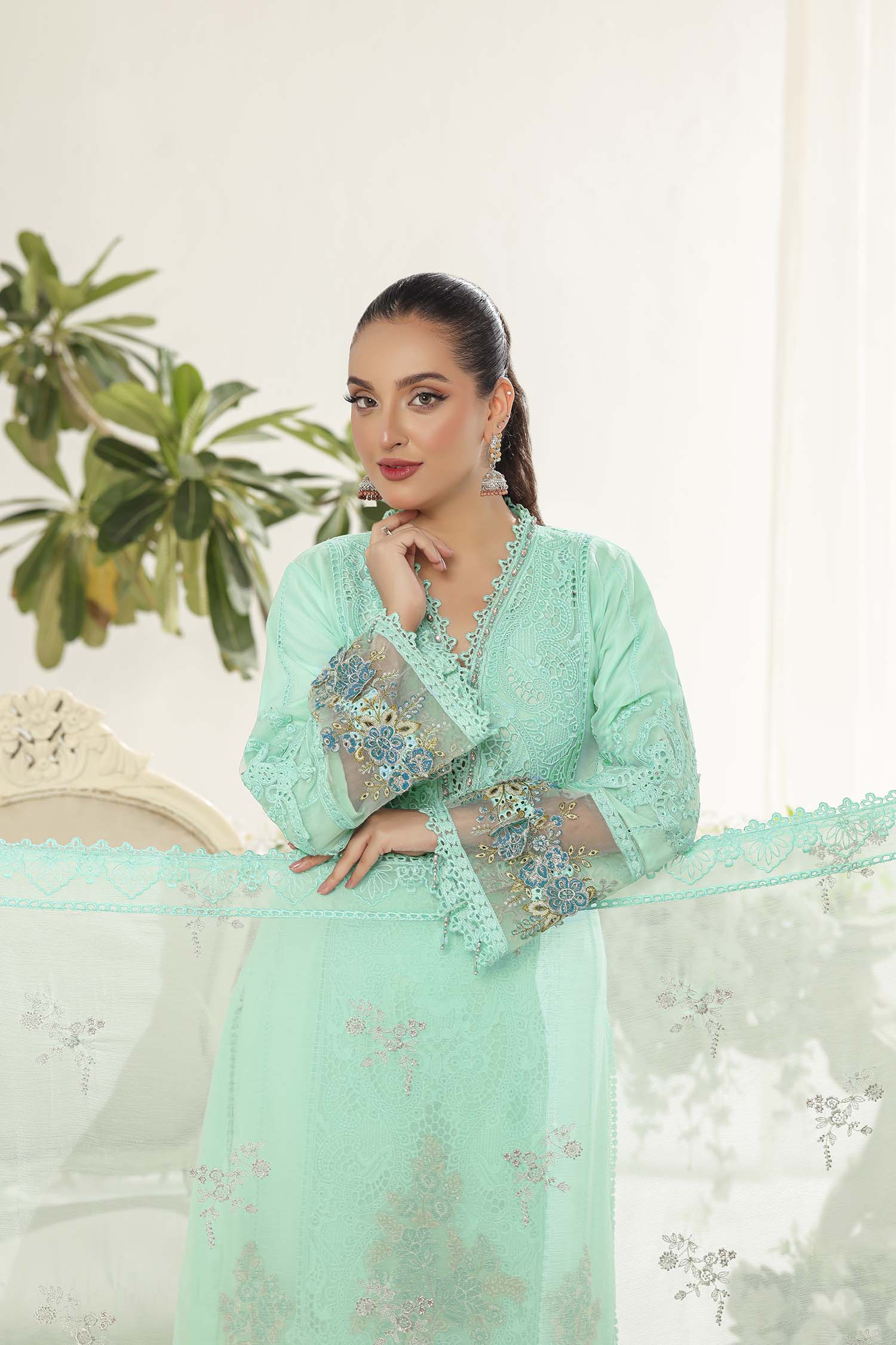 Alara Mint Green Luxury Embroidered Chiffon Ensemble