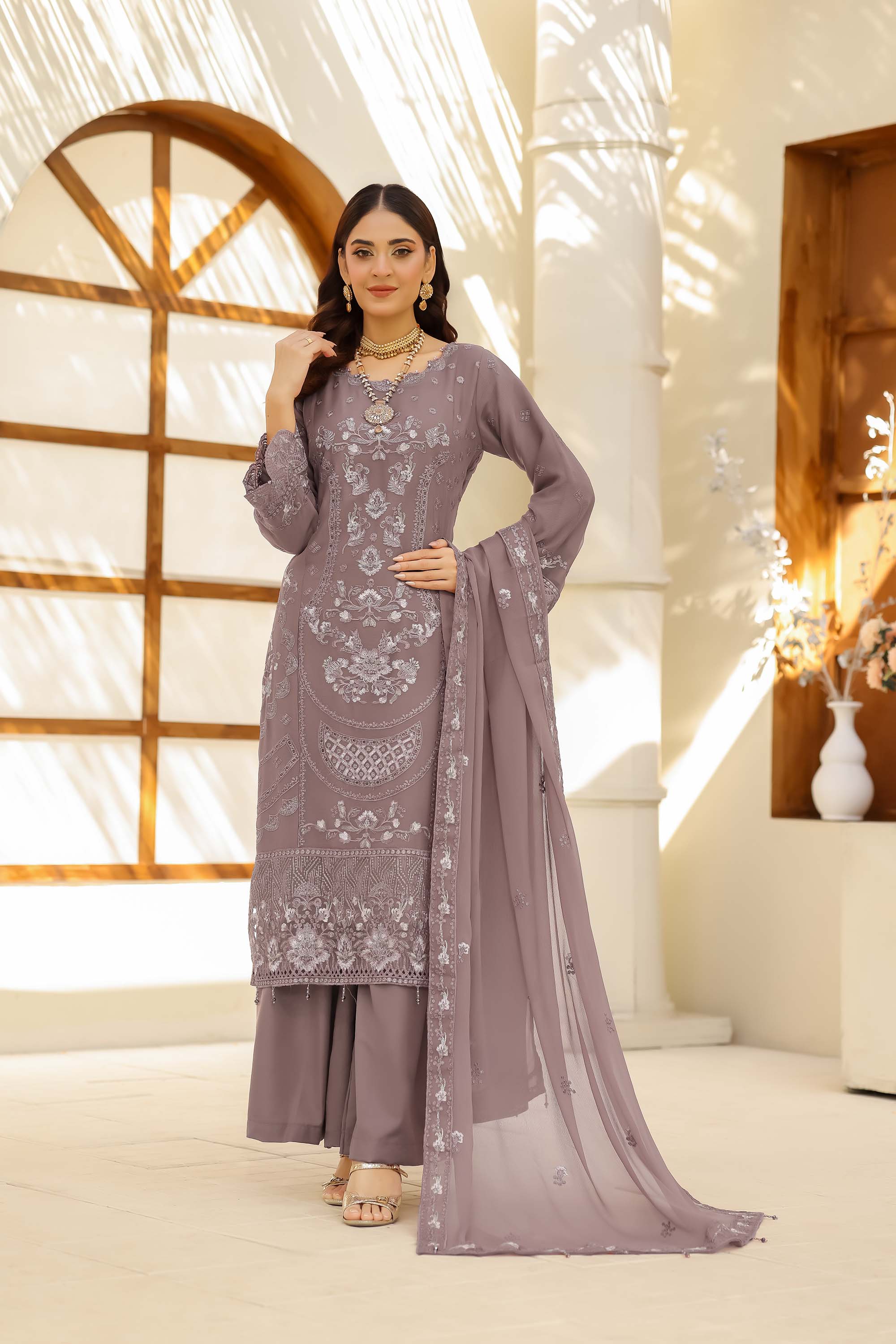 LA ROSE – Dusty Amethyst Mauve Embroidered Chiffon Suit