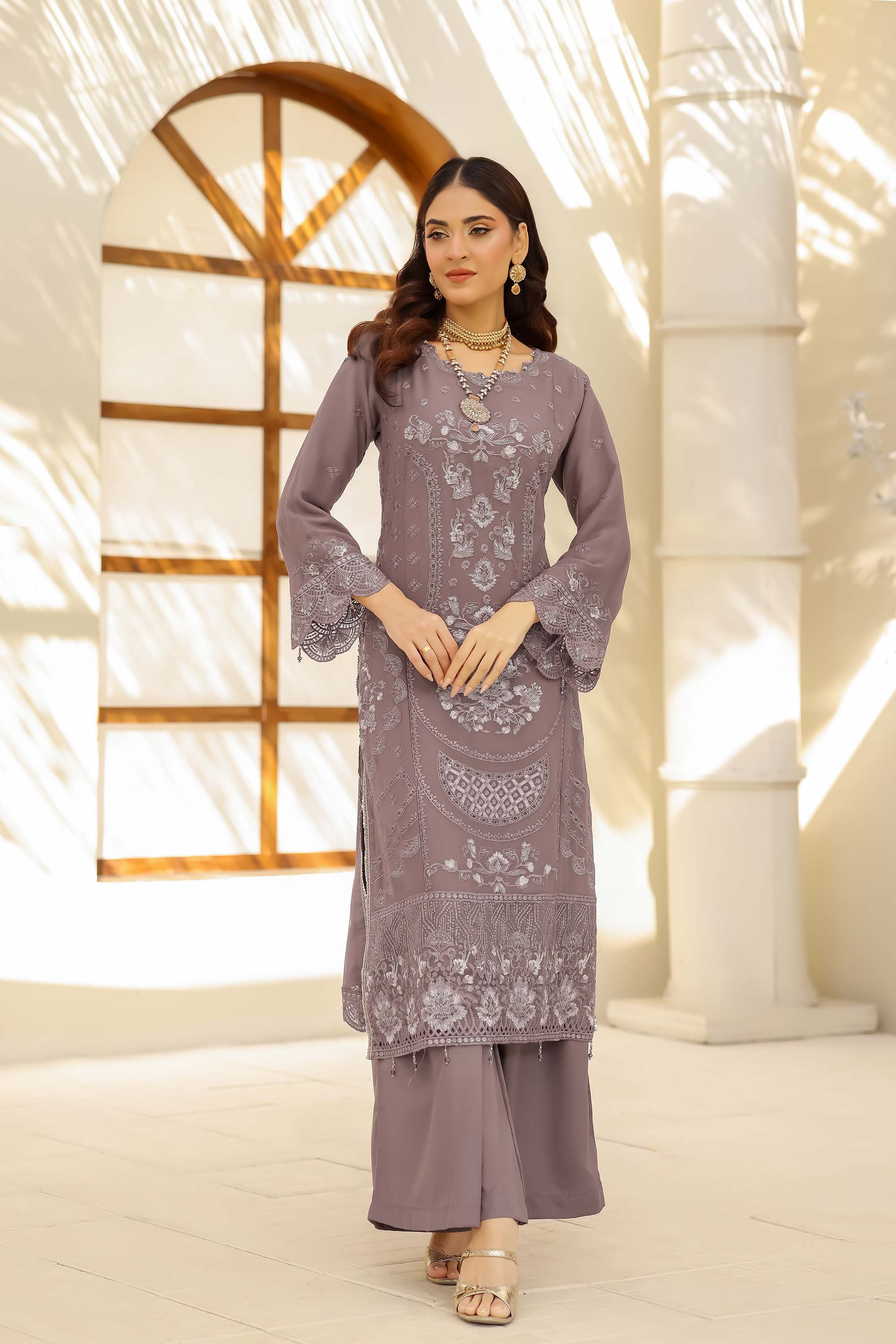 LA ROSE – Dusty Amethyst Mauve Embroidered Chiffon Suit