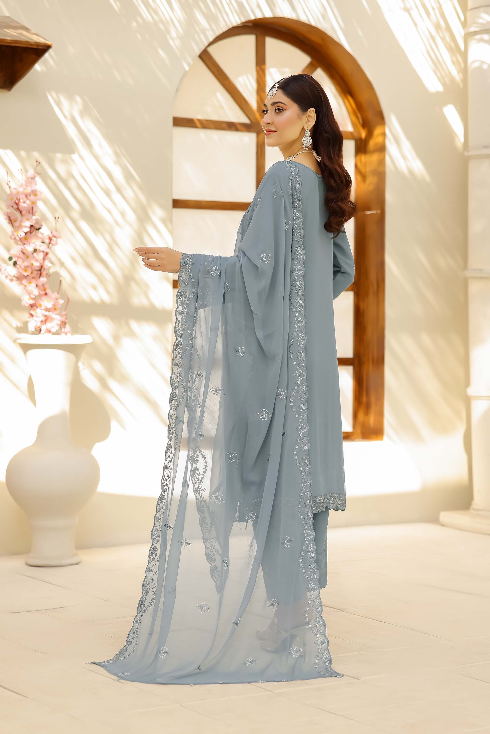 LA ROSE - Steel Azure Grey-Blue Intricately Embroidered Suit