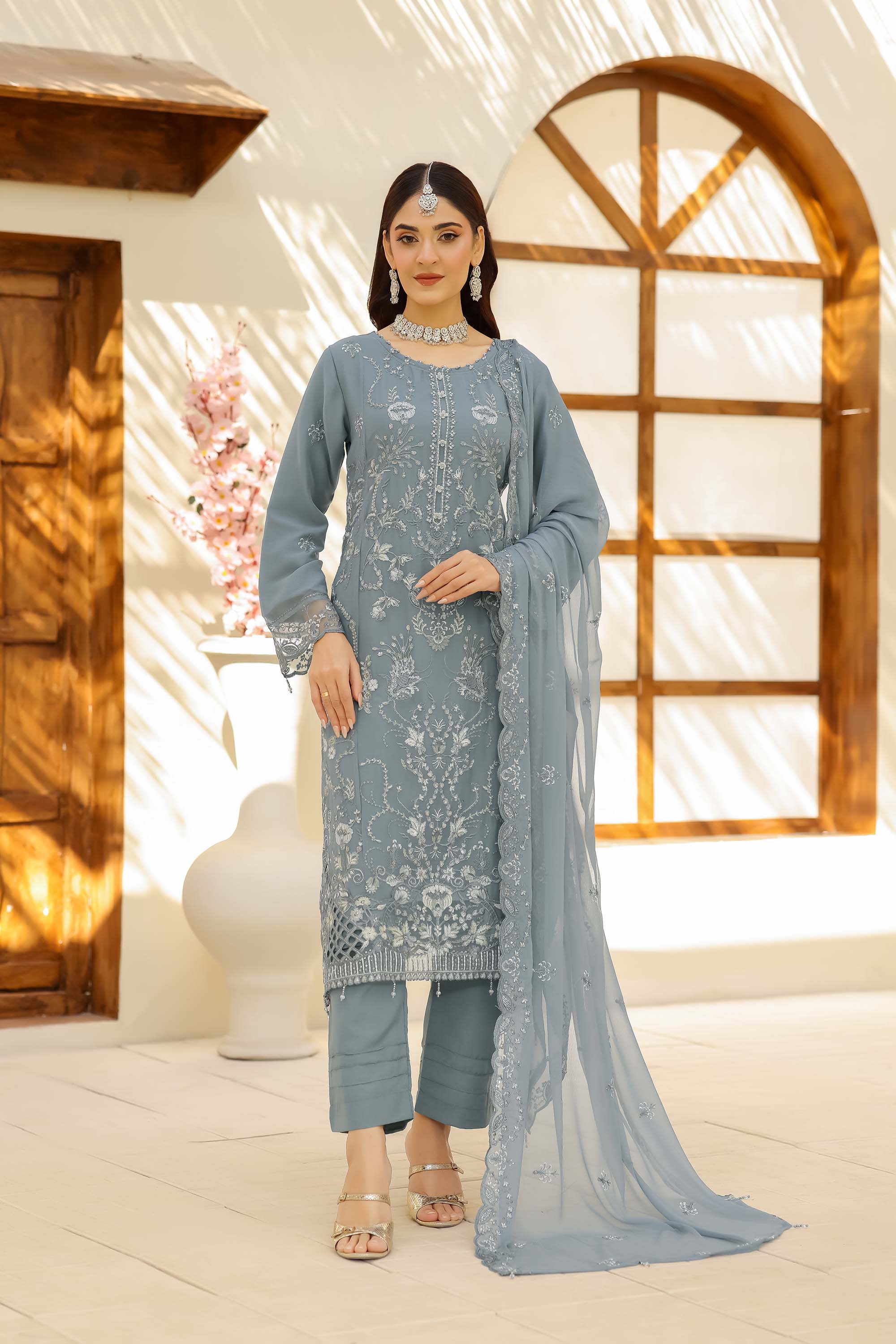 LA ROSE - Steel Azure Grey-Blue Intricately Embroidered Suit