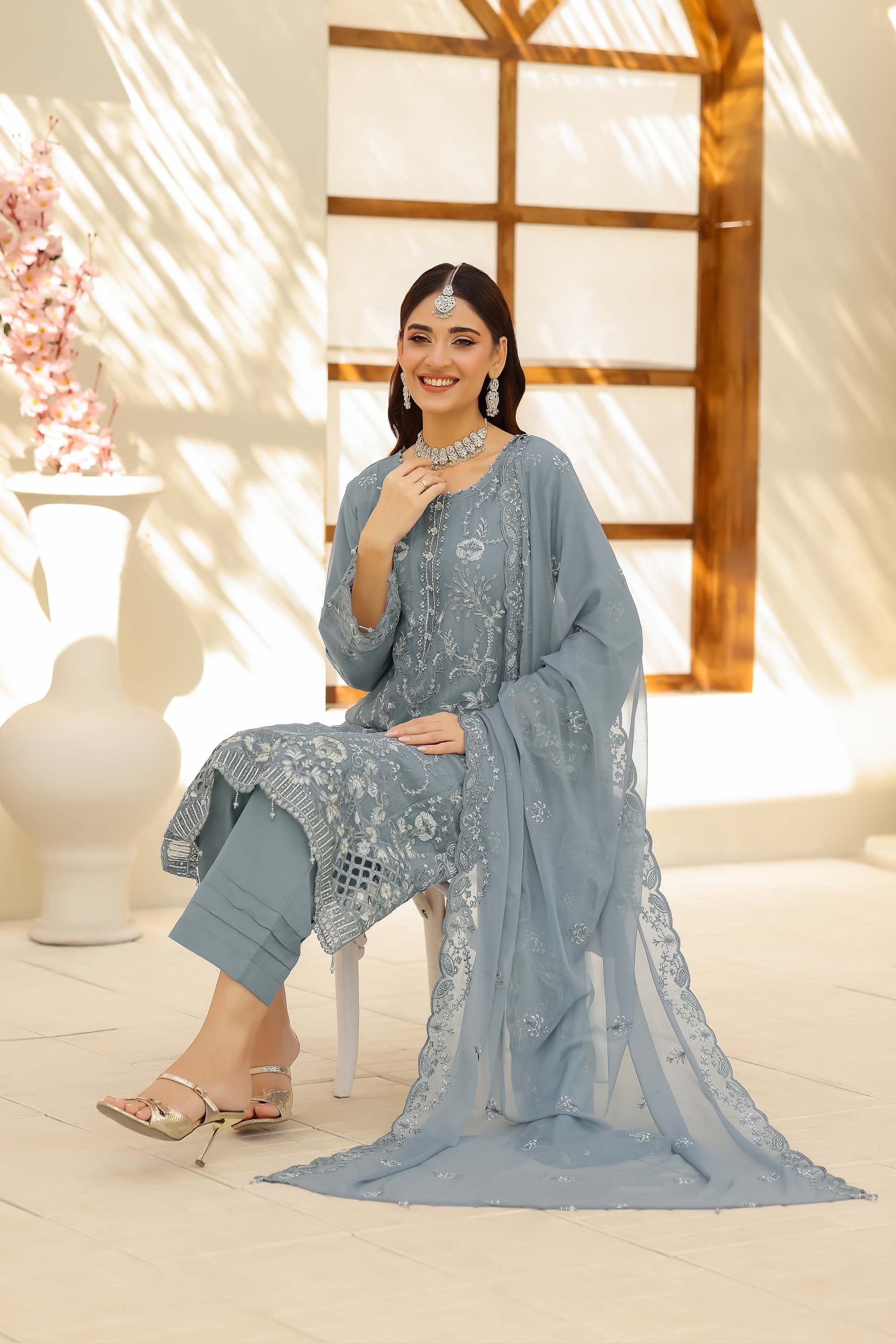 LA ROSE - Steel Azure Grey-Blue Intricately Embroidered Suit