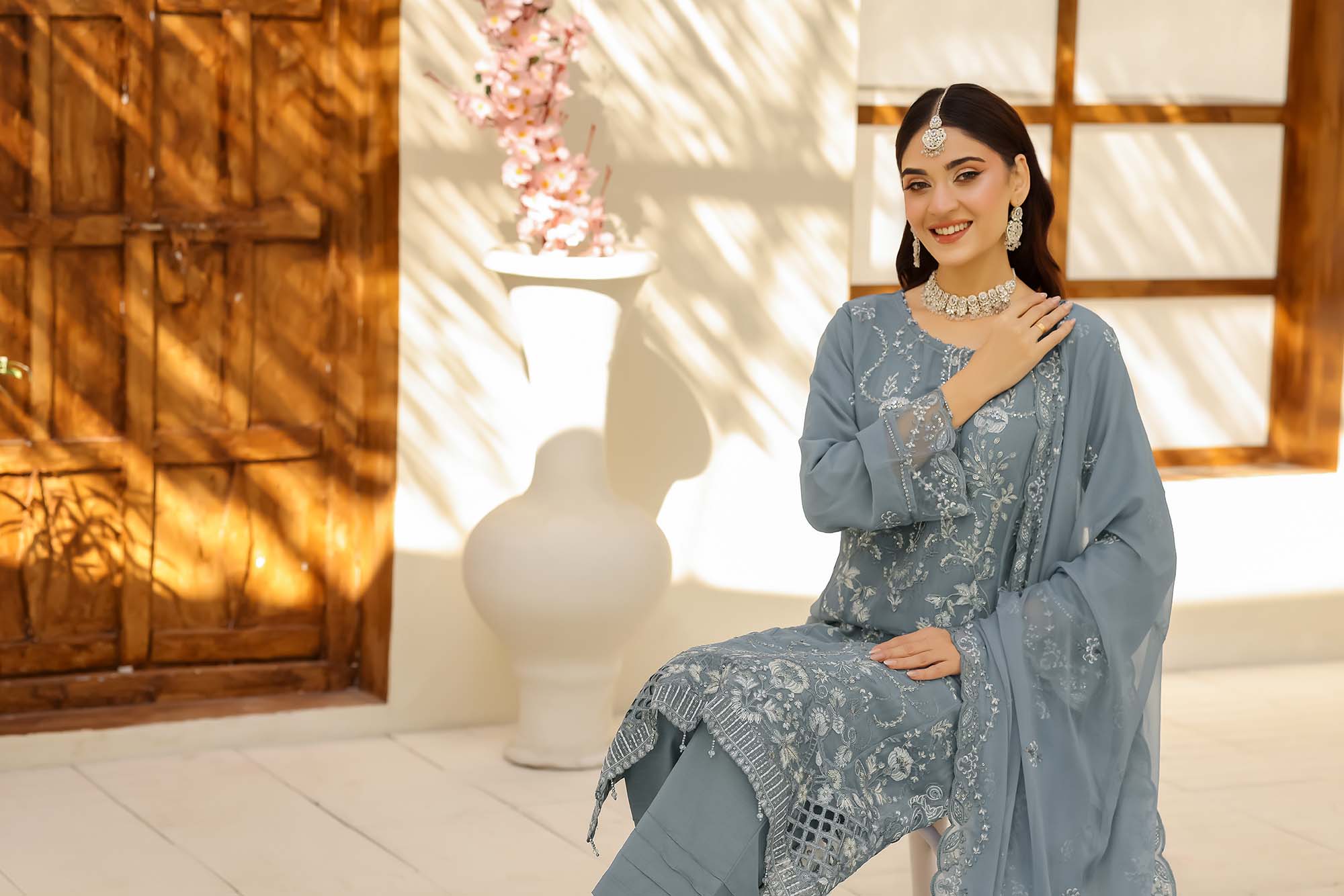 LA ROSE - Steel Azure Grey-Blue Intricately Embroidered Suit