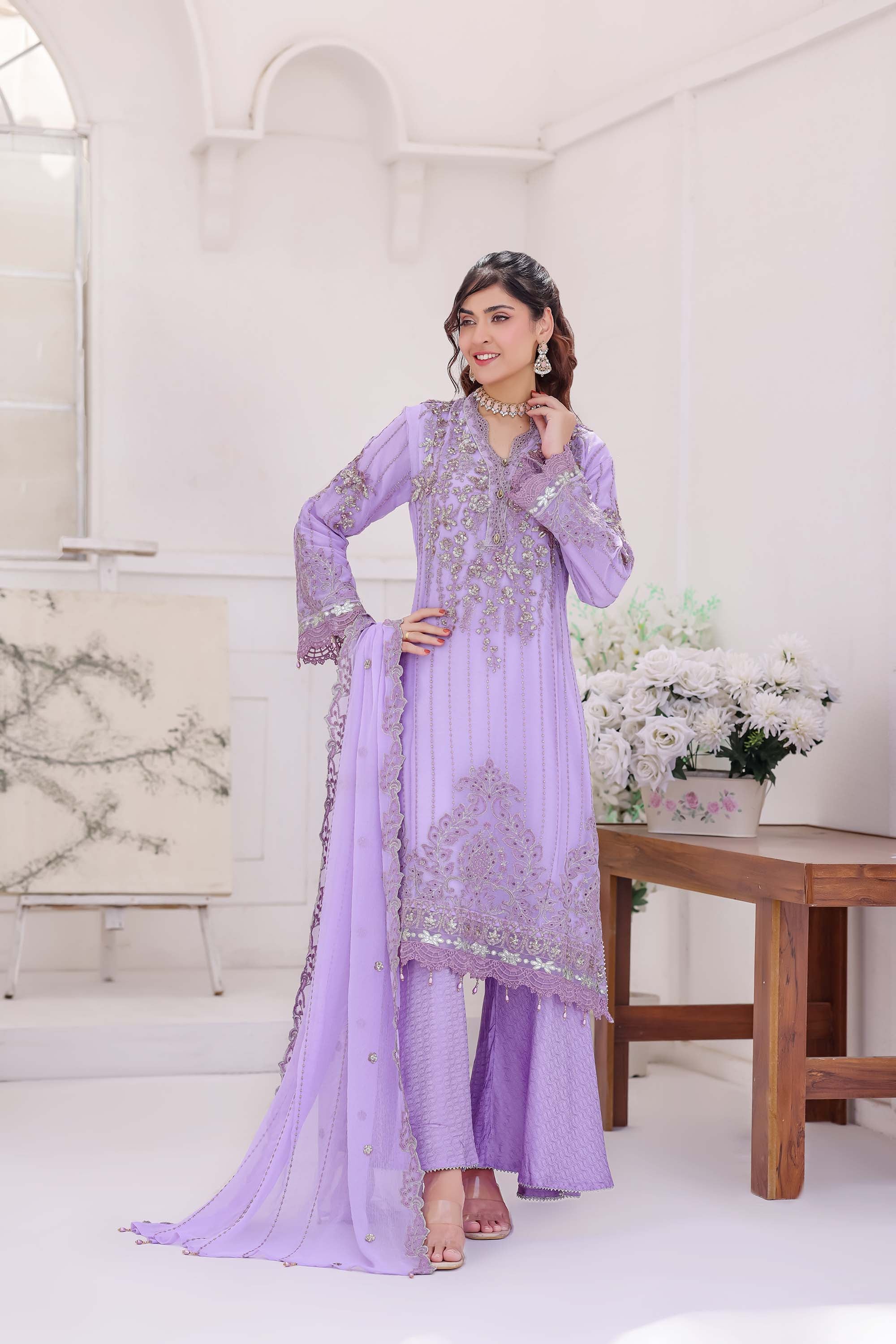 Lavender Bloom Chiffon Formal Suit
