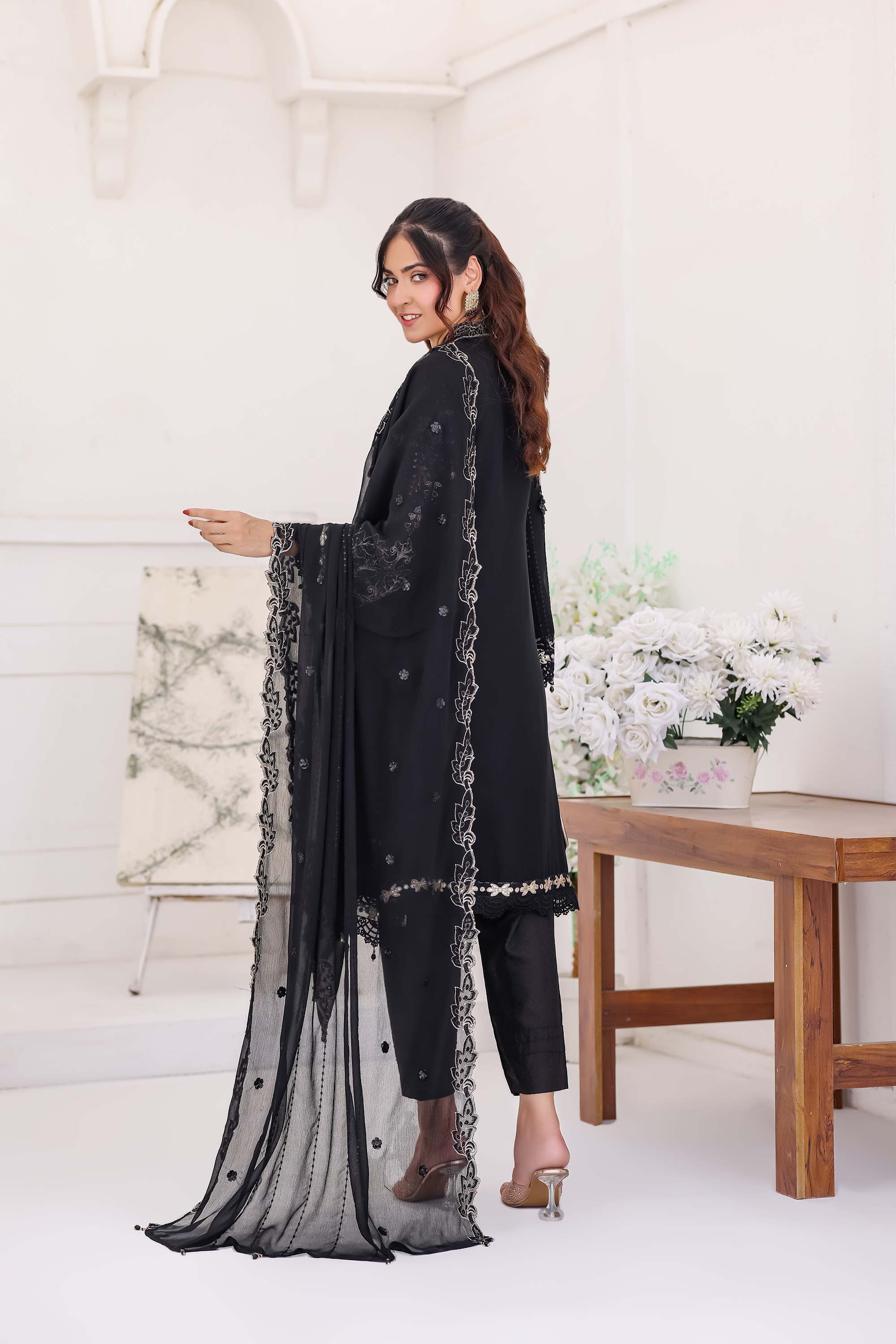 Midnight Noir Black Chiffon Formal Suit