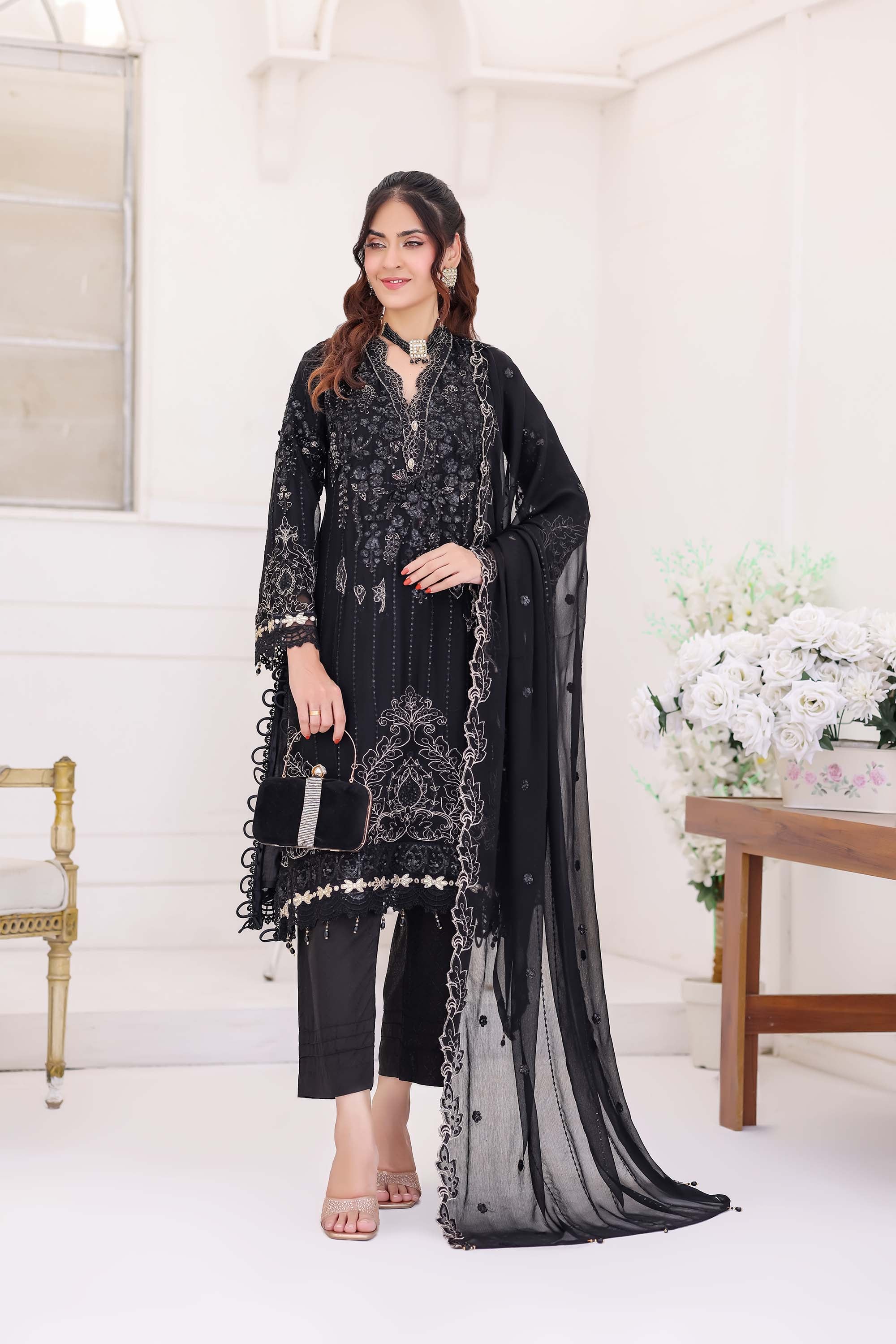 Midnight Noir Black Chiffon Formal Suit