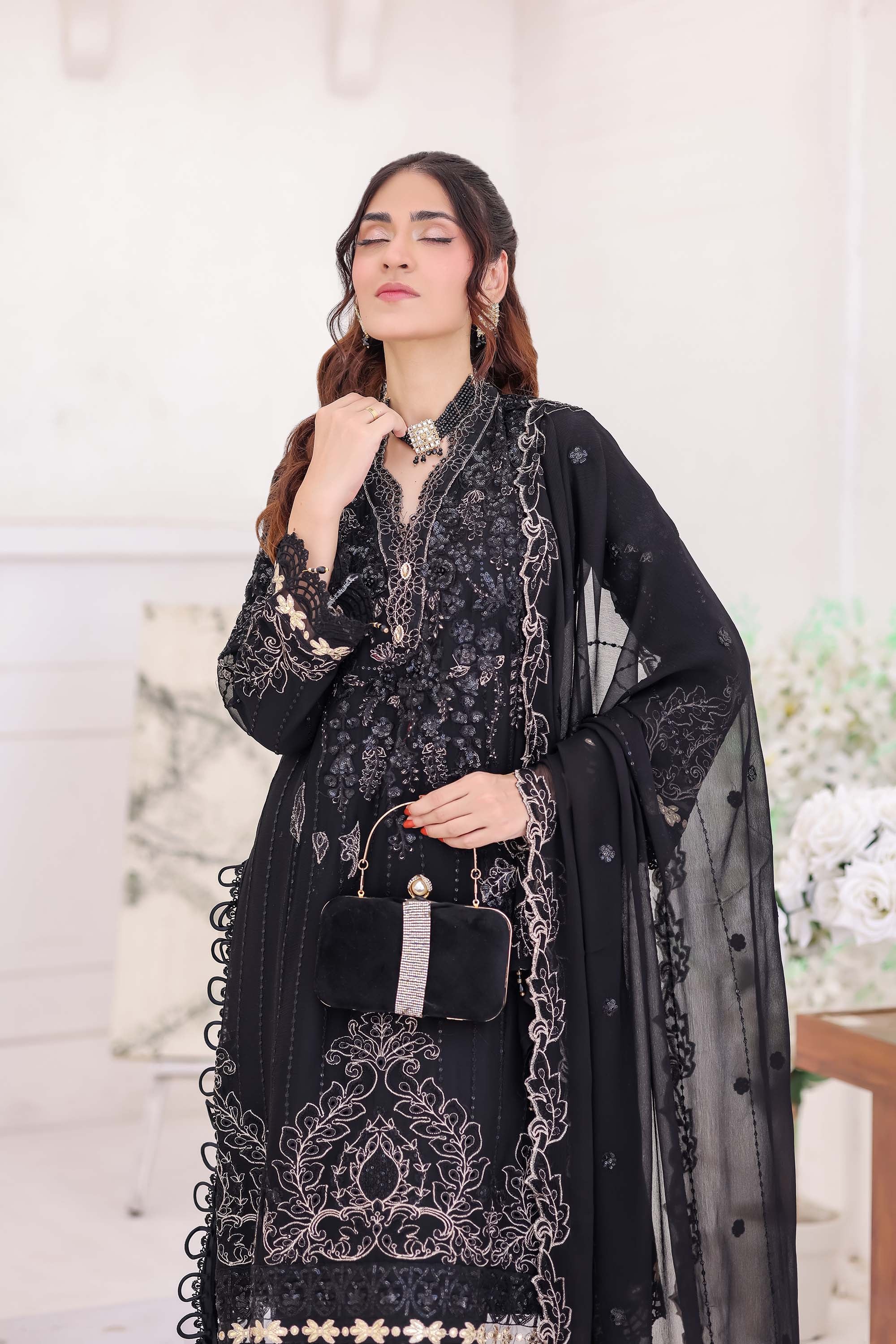 Midnight Noir Black Chiffon Formal Suit