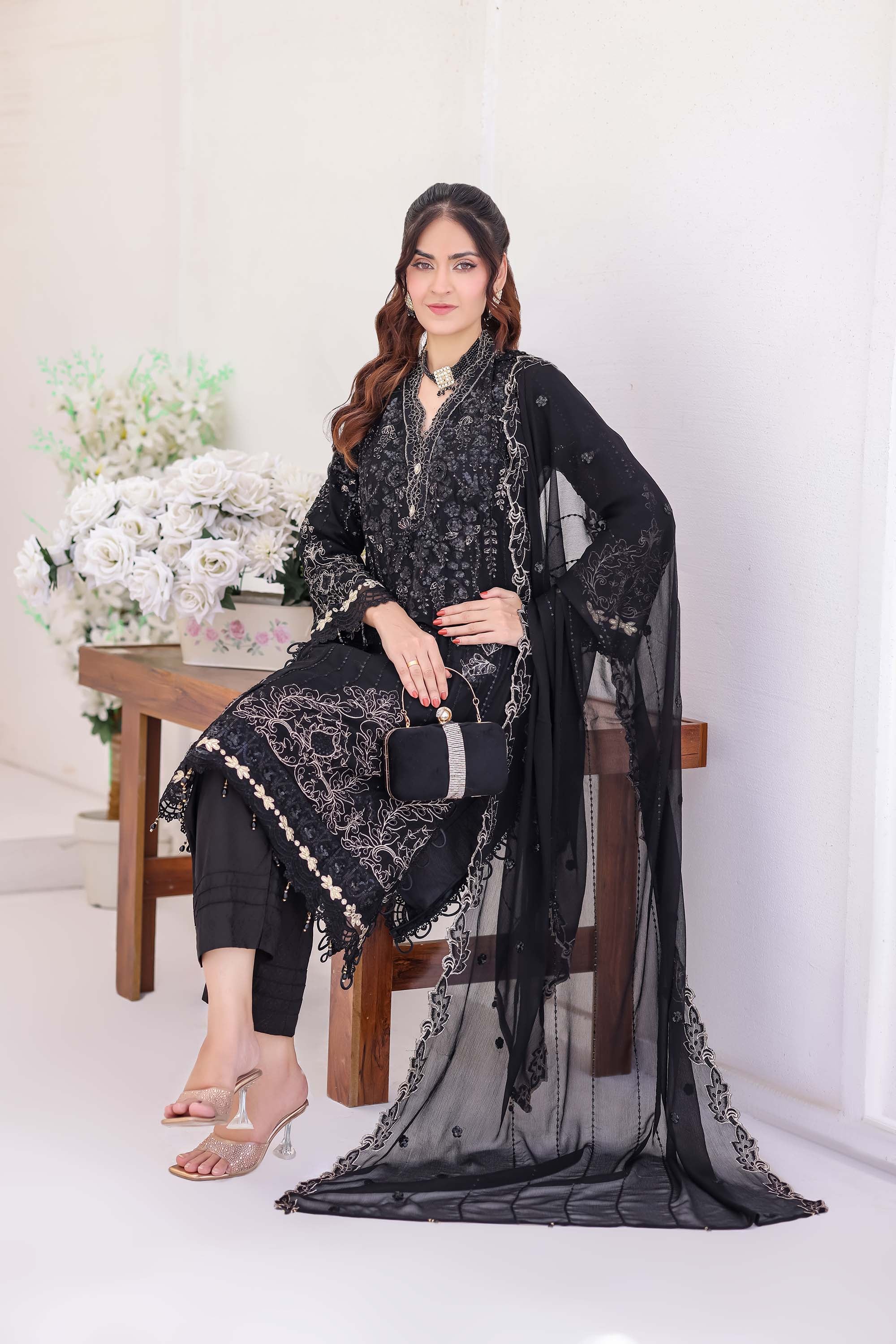 Midnight Noir Black Chiffon Formal Suit