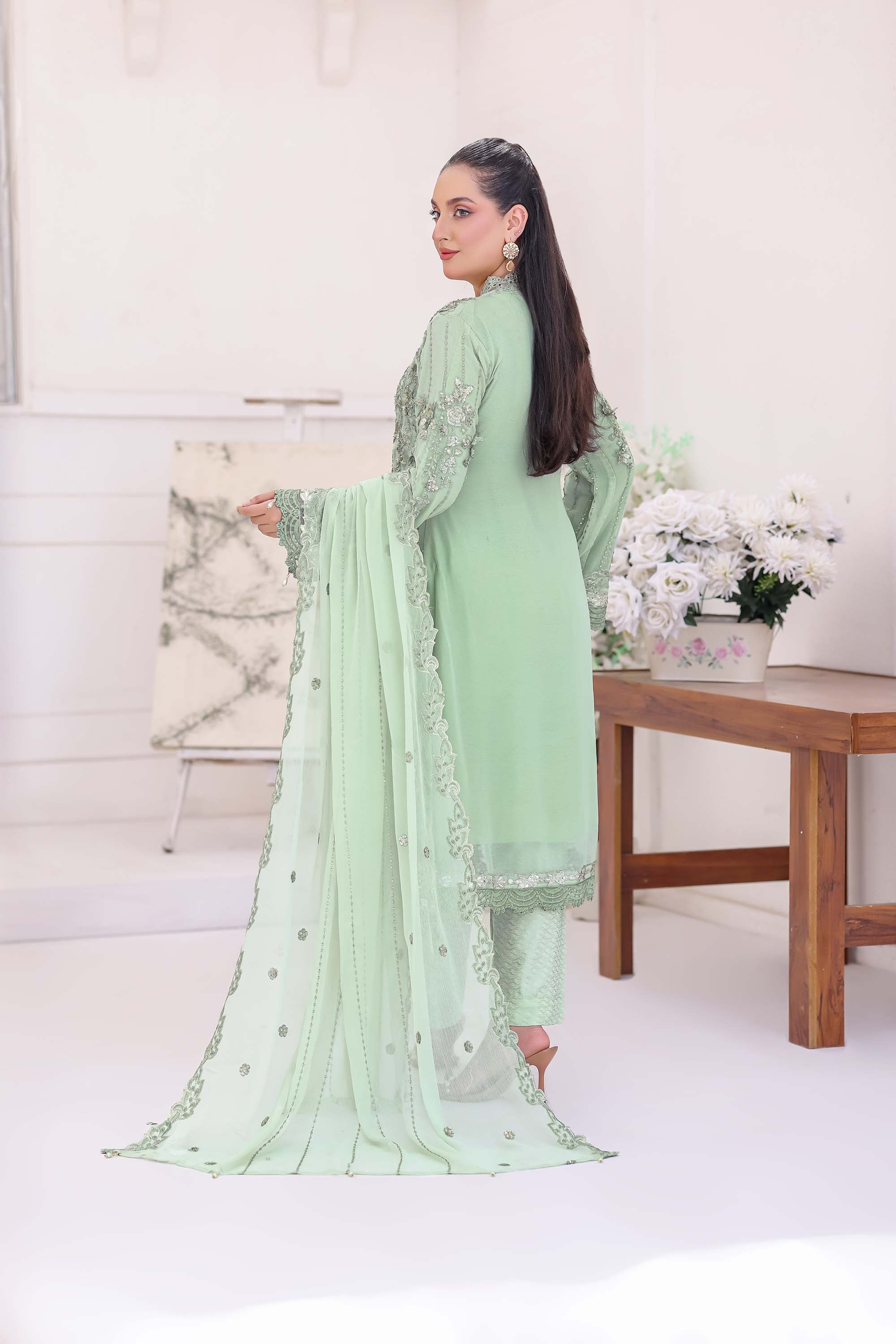 Celadon Charm Mint Green Chiffon Formal Suit