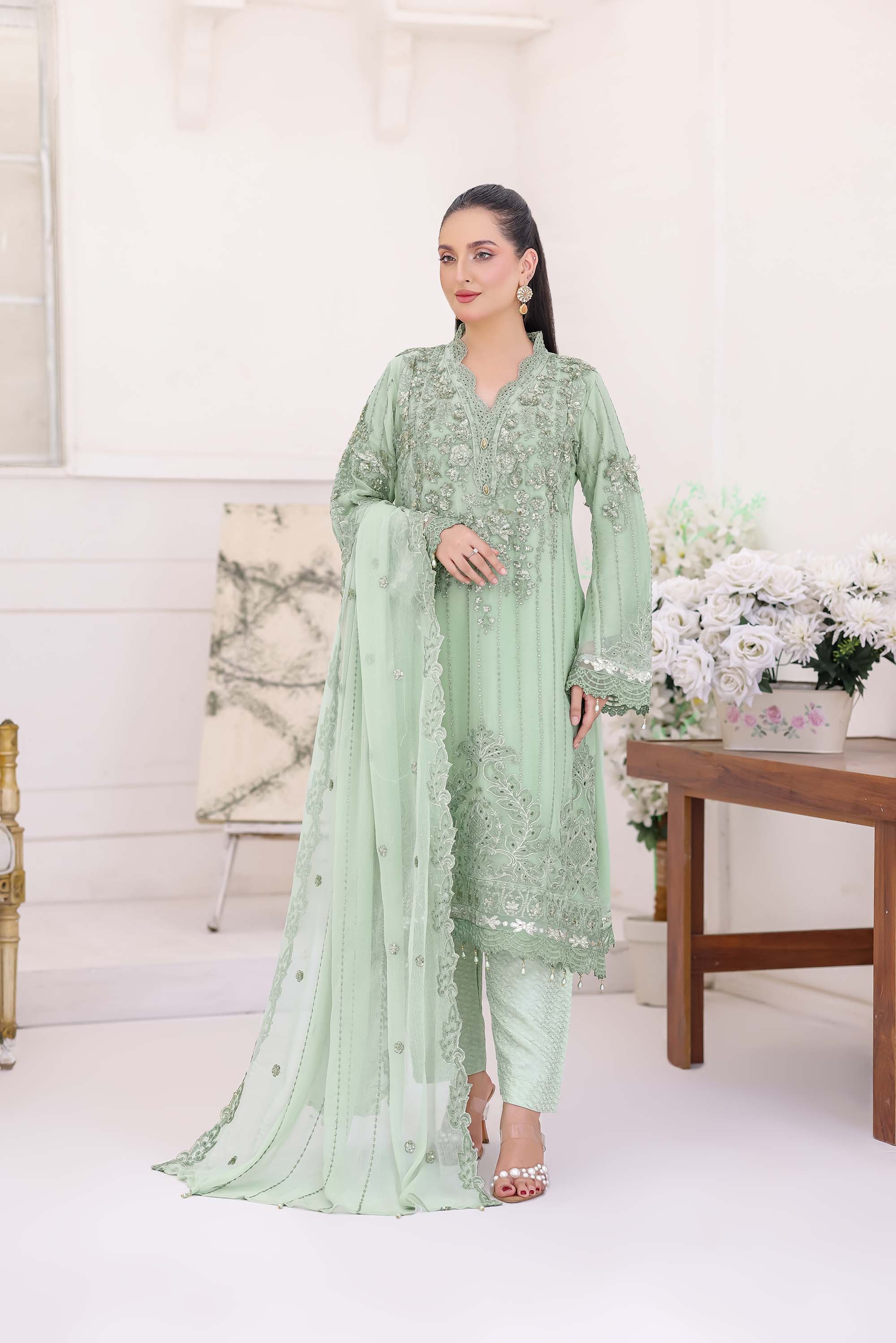 Celadon Charm Mint Green Chiffon Formal Suit