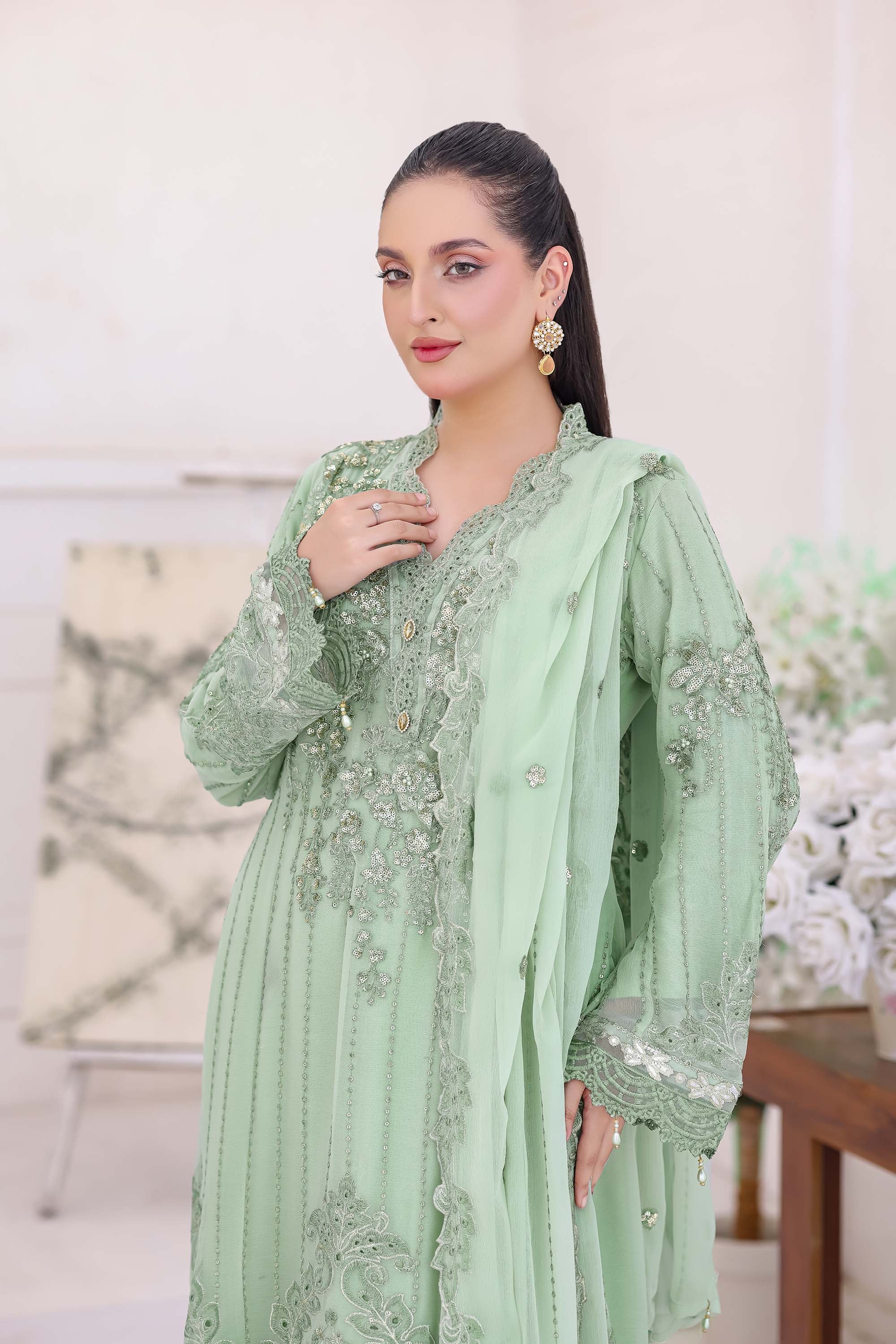 Celadon Charm Mint Green Chiffon Formal Suit